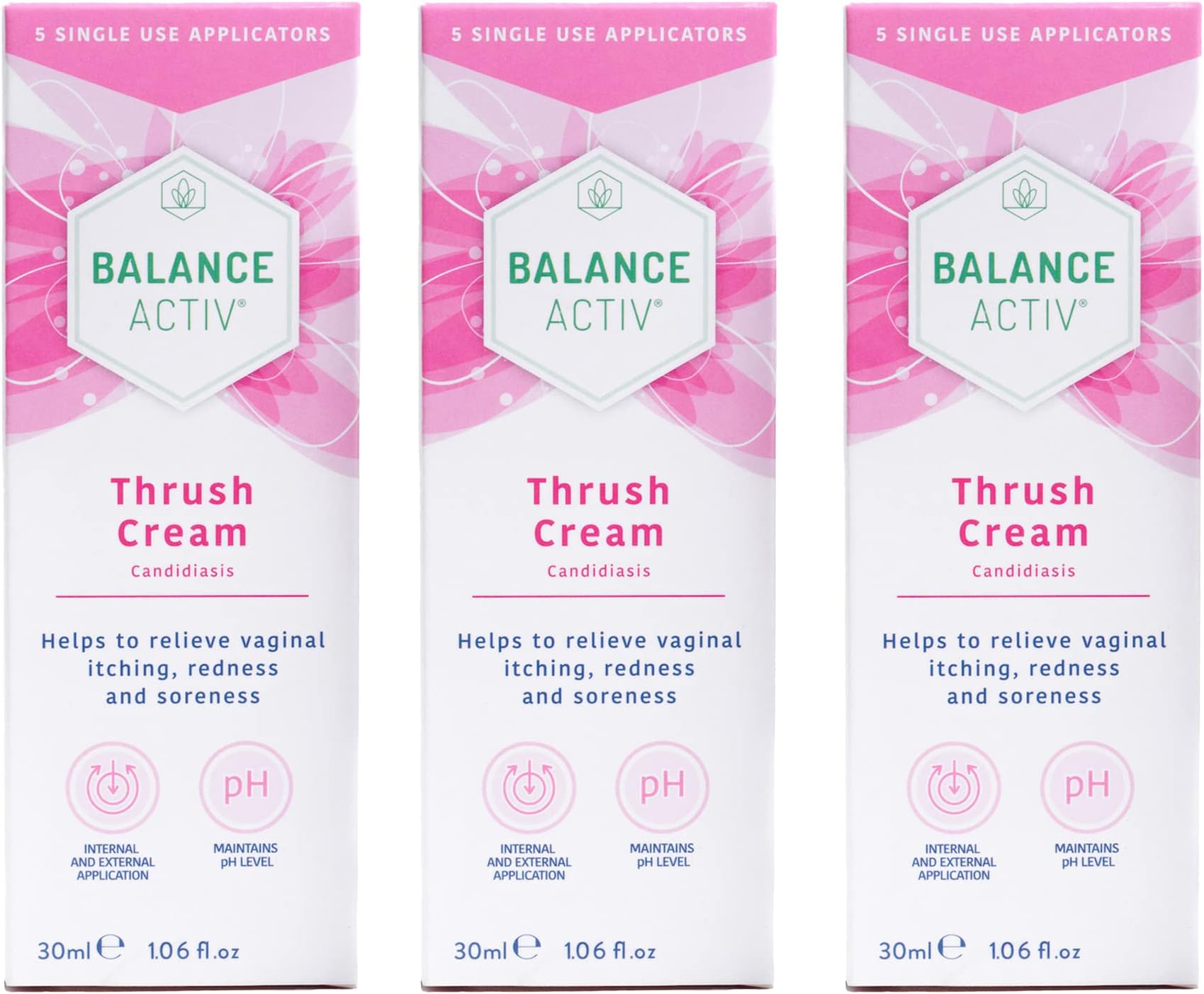 Thrush Cream, Internal & External Use, 5 Applicators, 3 Pack | Works naturally to relieve symptoms & prevent recurrence; 5 single-use applicators; Fragrance & paraben free; 30ml, pack of 3