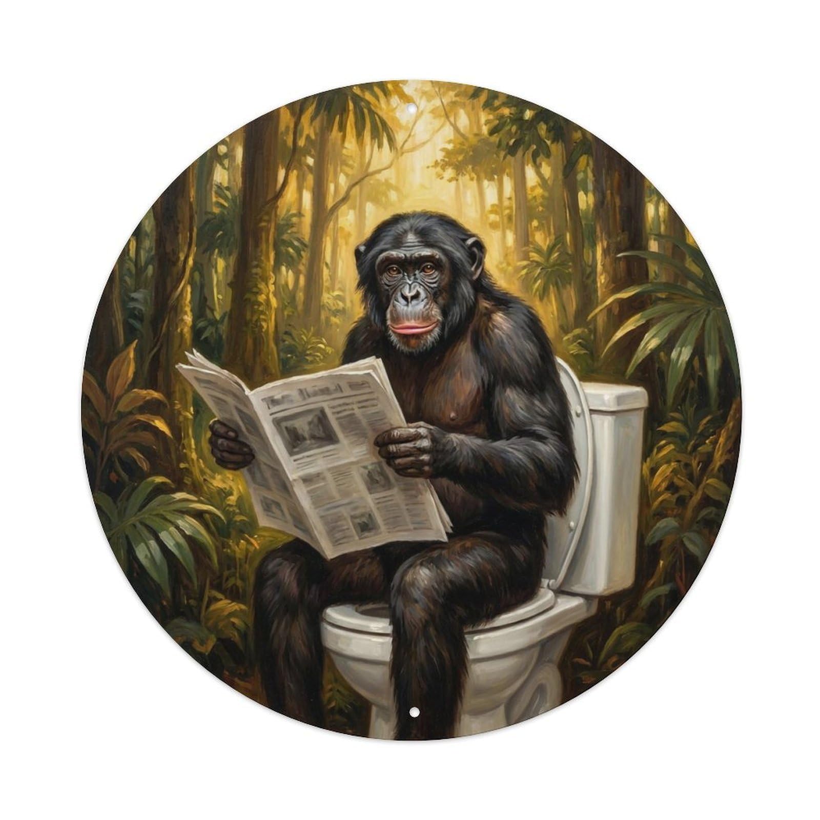 Bonobo On Toilet Humorous Bathroom Jungle Clearing Metal Tin Sign