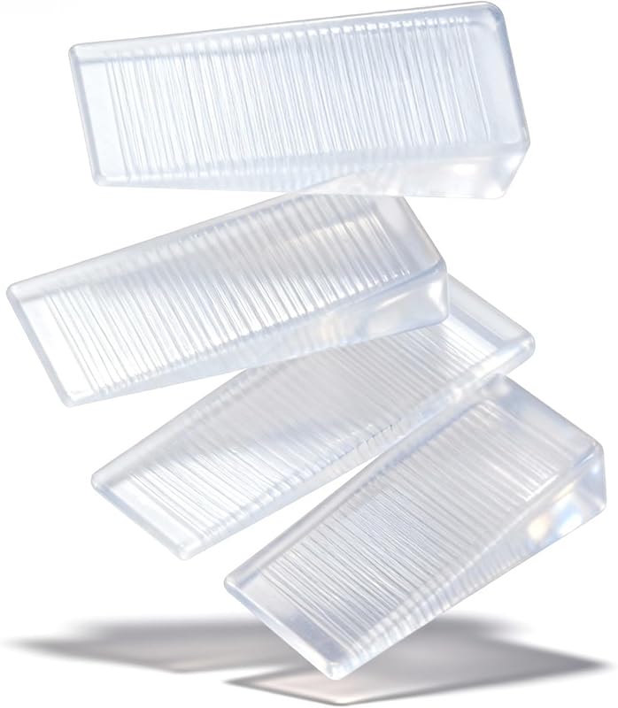 Cuñas de plástico transparente de alta resistencia – Cuñas niveladoras profesionales para inodoros, muebles, lavadoras y equipos comerciales tambaleantes – Recortables, apilables, antideslizantes, protección del piso (paquete de 4 transparentes)