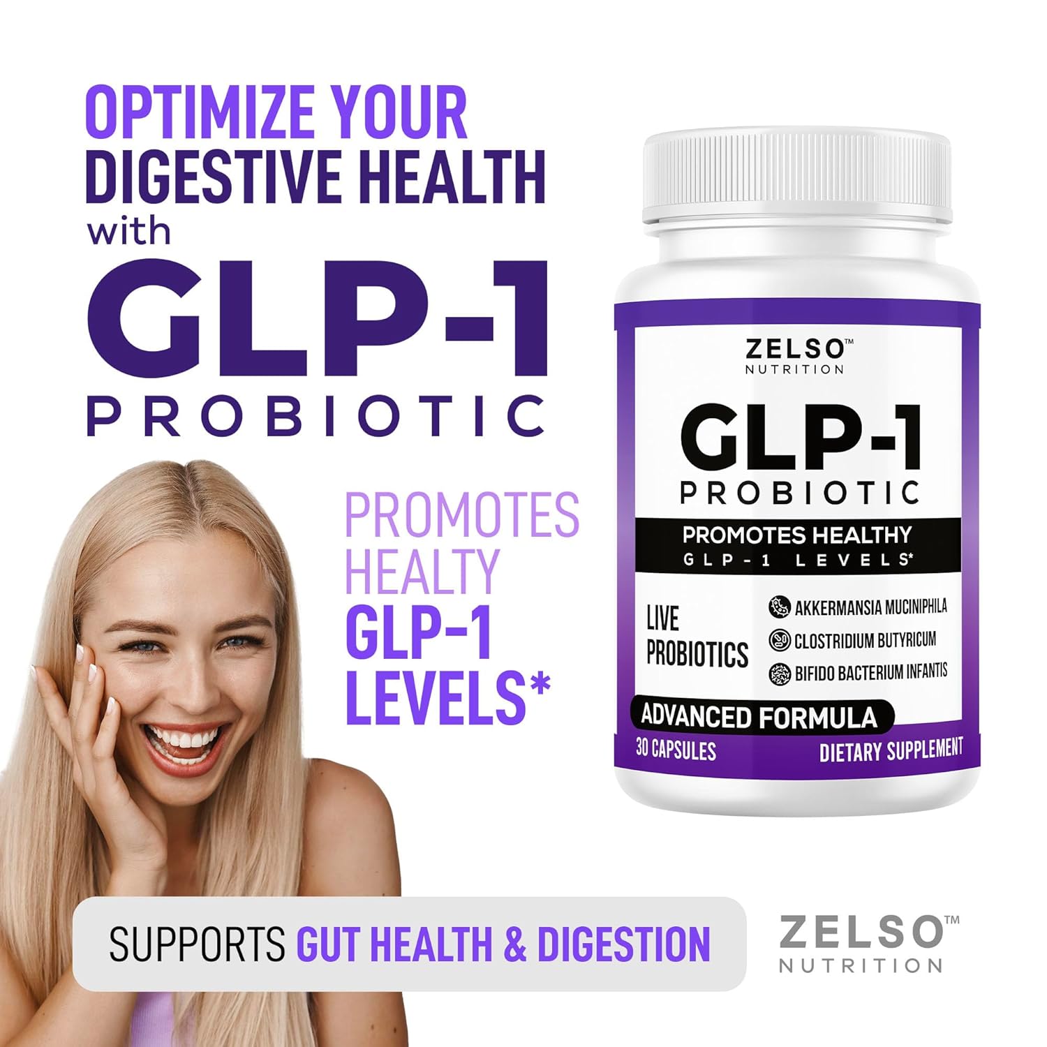 ZELSO (Pacote com 3) Probiótico GLP-1 com Akkermansia Muciniphila - Suporte à Saúde Intestinal com Probióticos Vivos de 500M CFU, Multi-Cepa + Prebiótico, GLP1 Naturally Plus - - Imagem 2