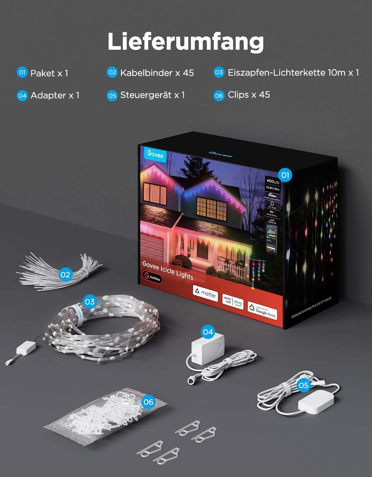 Govee Eiszapfen Lichterkette 10M, 400 LED Intelligente RGBIC Lichtervorhang | Lichterkette außen, Wasserdicht nach IP67, 78+ Szenenmodi, Musik sync, Kompatibel mit Alexa & Google Assistant
