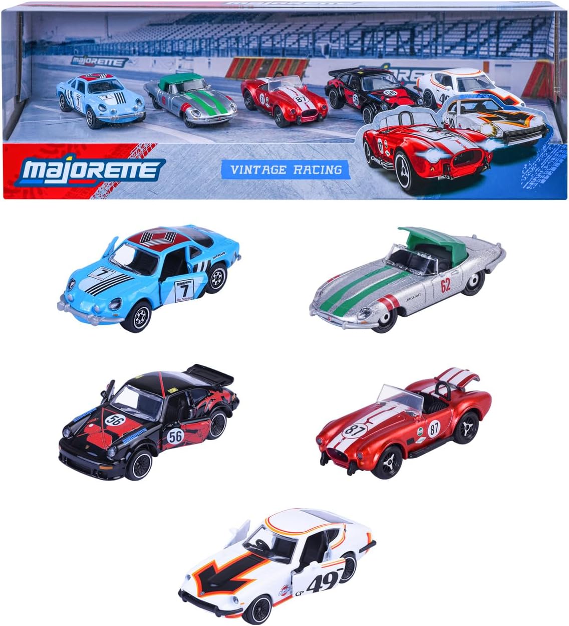 Majorette Vintage Racing 5-Pack Die-Cast Cars, 1:64 Scale Classic Racing Toy Vehicles, 5 Metal Model Cars with Free-Rolling Wheels, Suspension & Opening Parts, Collectible Gift Set for Kids Ages 3+