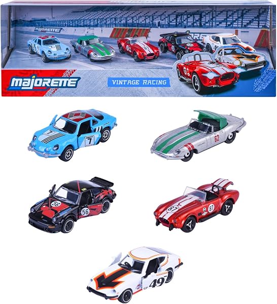 Majorette Kit de voiture Vintage Racing (5 voitures) – 5 voitures de course classiques en métal avec roue libre, suspension et partie ouvrante, voitures jouets pour collectionneurs et enfants à partir - 1