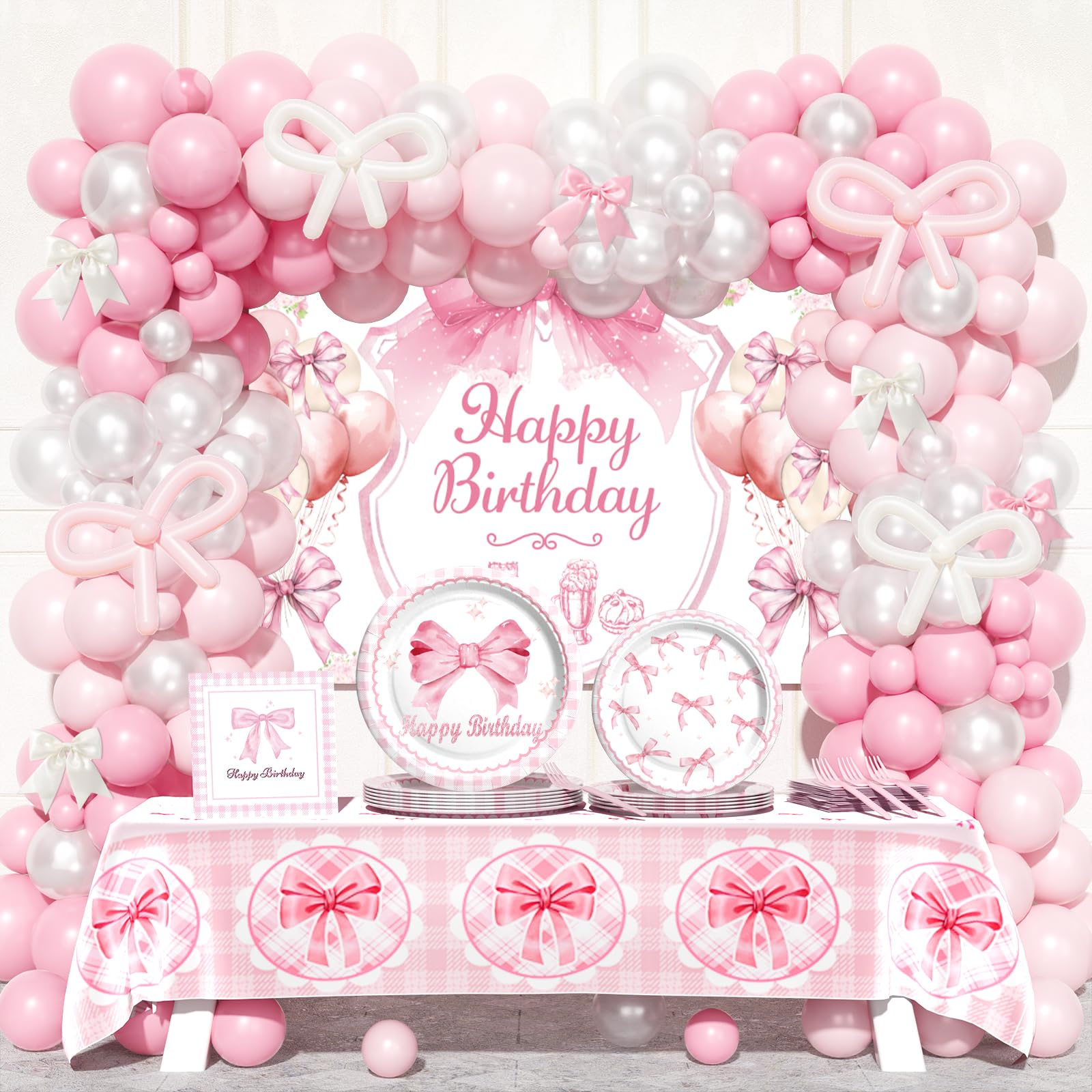 Party Inspo Pink Bow Birthday Decorations, Coquette Birthday Decorations for Girl, Pink Bow Themed Backdrop Balloon Tablecloth Tableware with Plates,