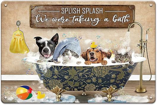 Cute Bathroom Signs Decor Cat Dog in Bathtub Funny Bathroom Signs, 12x8 Inches Retro Pets Animal Bathroom Wall Decor