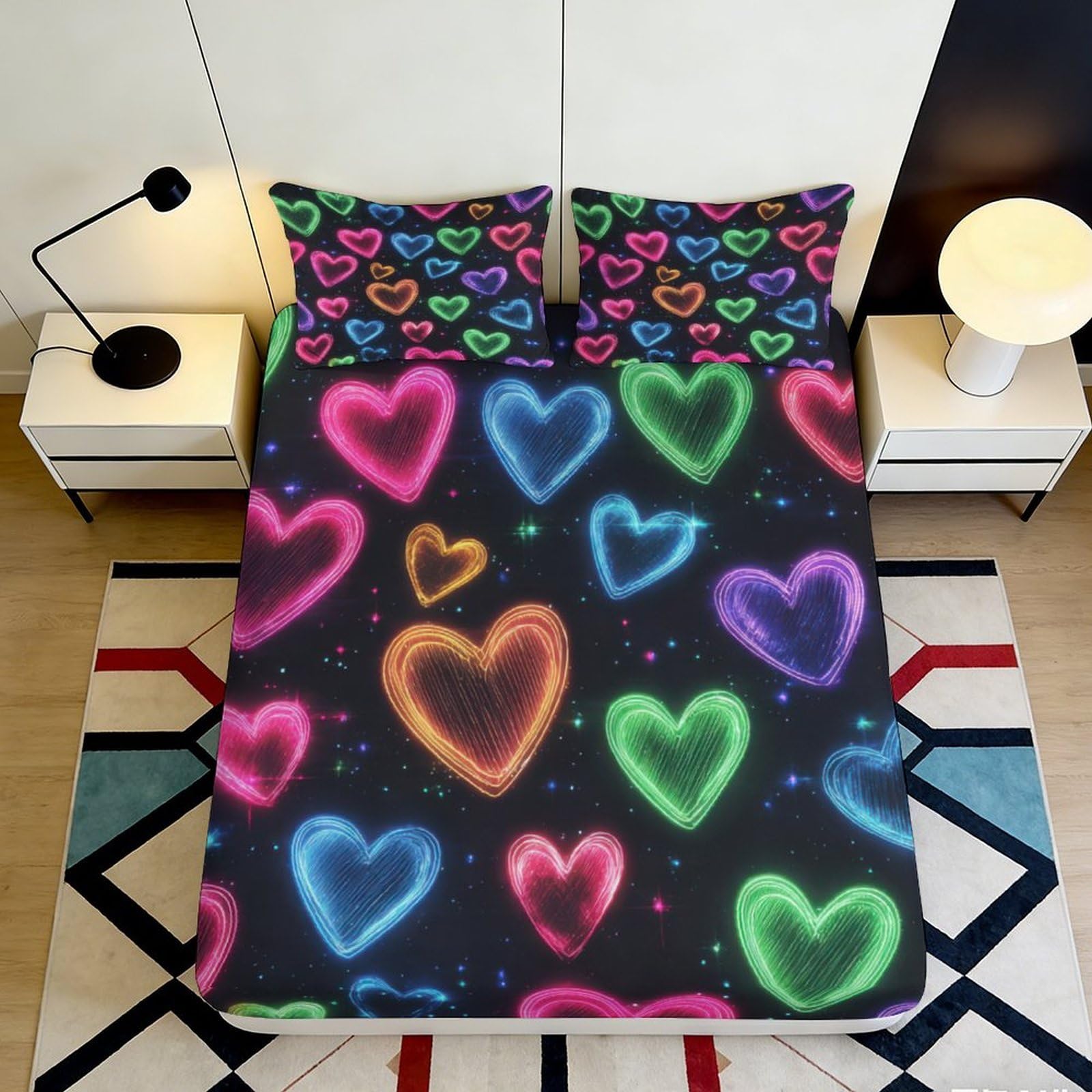 3D Printed Neon Heart Fitted Sheet Microfiber Soft Colourful Glow Bed Cover for Bedroom Guest Room Mattress Protection Decor 90x200x25cm