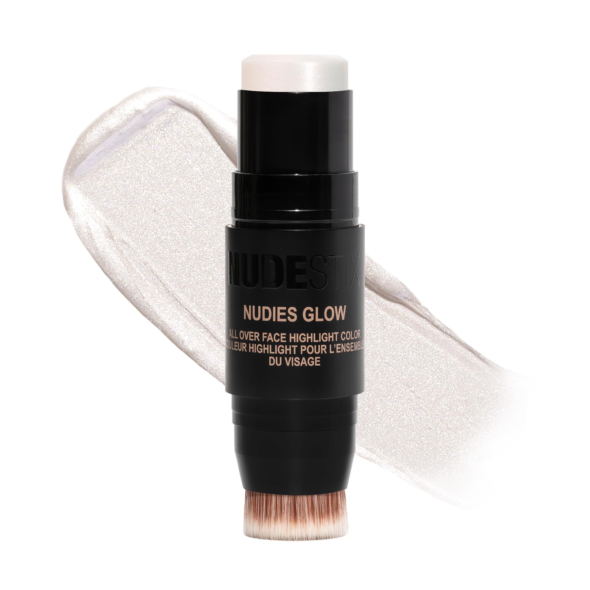 NudeStix Nudies Glow Highlighter Stick w/Blending Brush, Dewy Cream Makeup for Cheeks, Eyes, Lips, Soft Metallic Glowy Face Color and Contour, 0.28 oz (8g) (Ice Ice Baby)