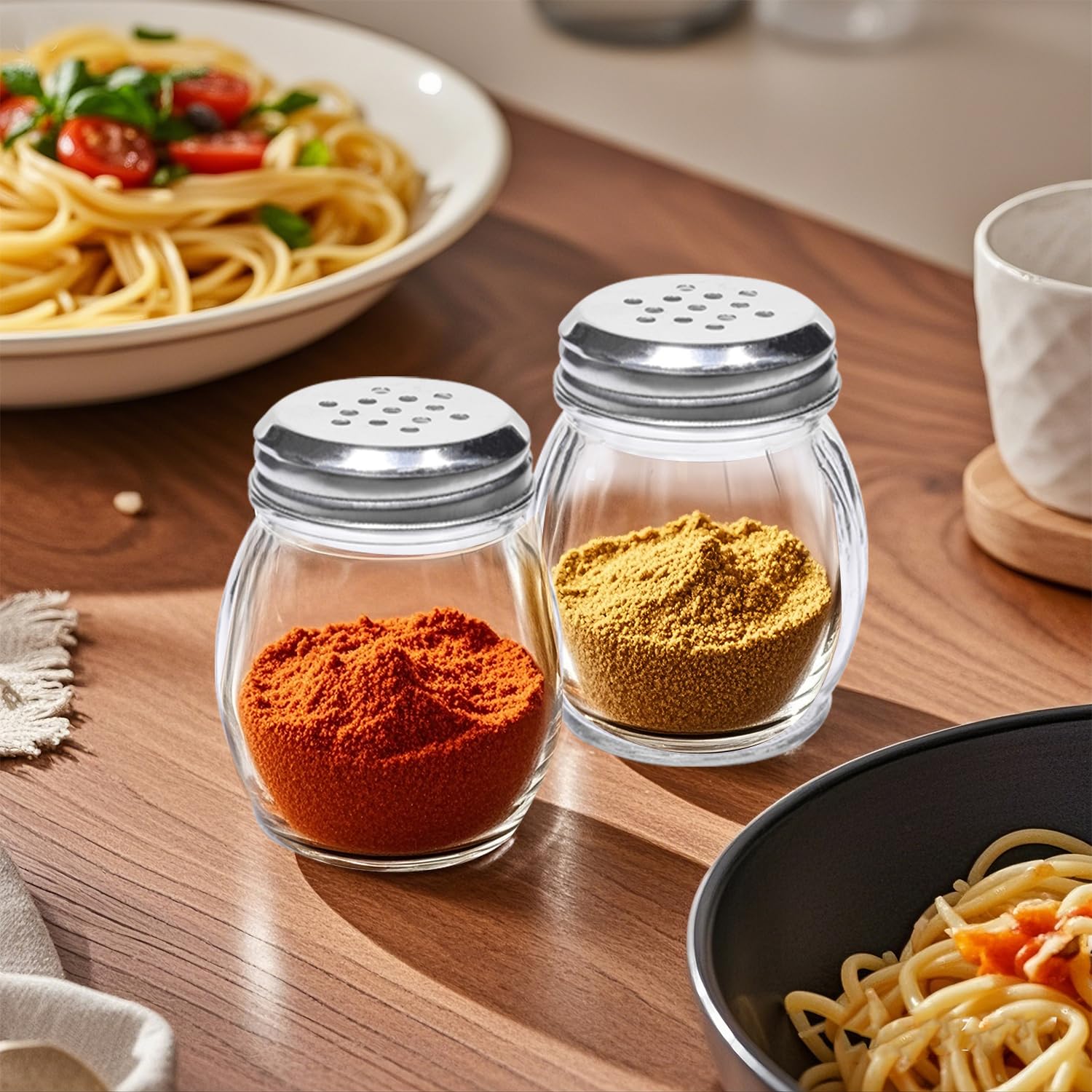 Coctelera de especias de 6 onzas con tapa de acero inoxidable, paquete de 20 coctelera de queso parmesano de vidrio con tapas ranuradas