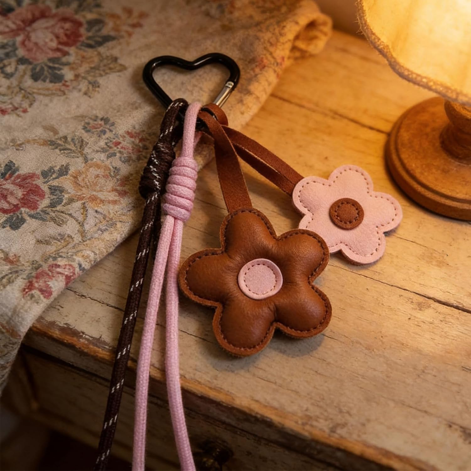 Brown Flower Leather Bag Charm Cute Purse Accessory Key Ring Gift image 5