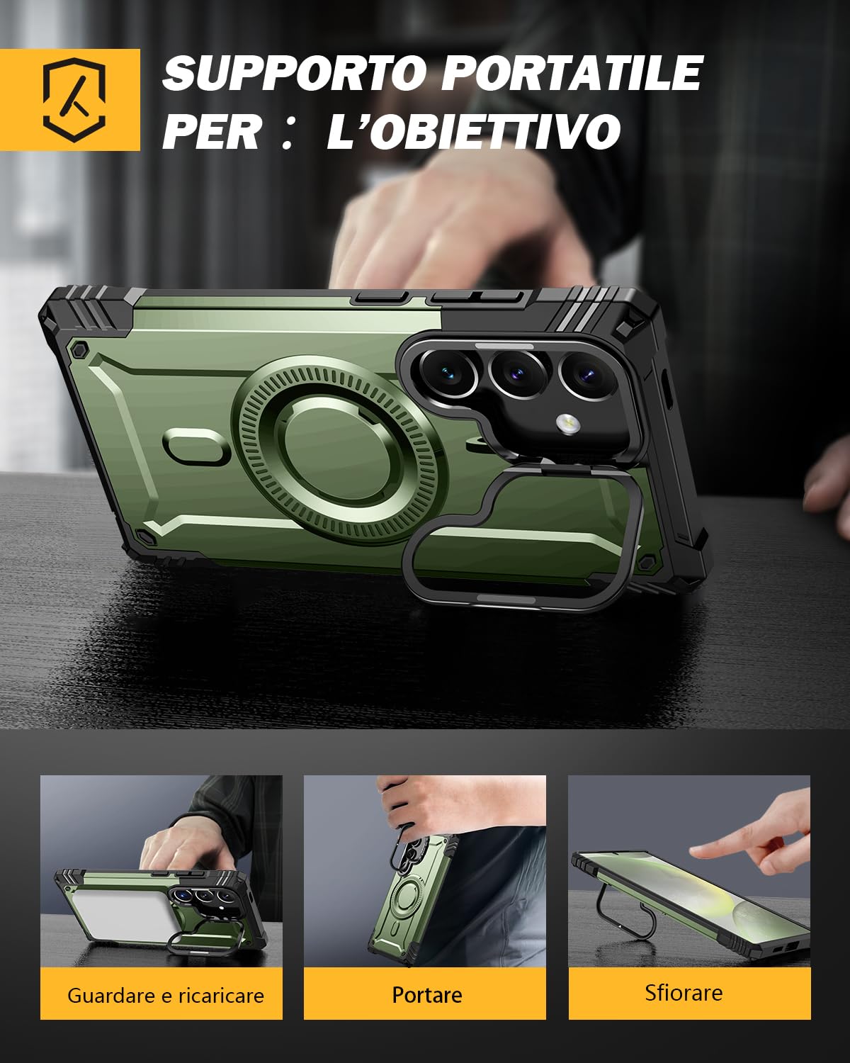 Lanhiem Cover per Samsung S24 5G Magsafe con Supporto Protezione Completa del Corpo a 360°con 2 Vetro Temperato, Militare 14FT Antiurto Resistente, Custodia per Samsung Galaxy S24, Verde