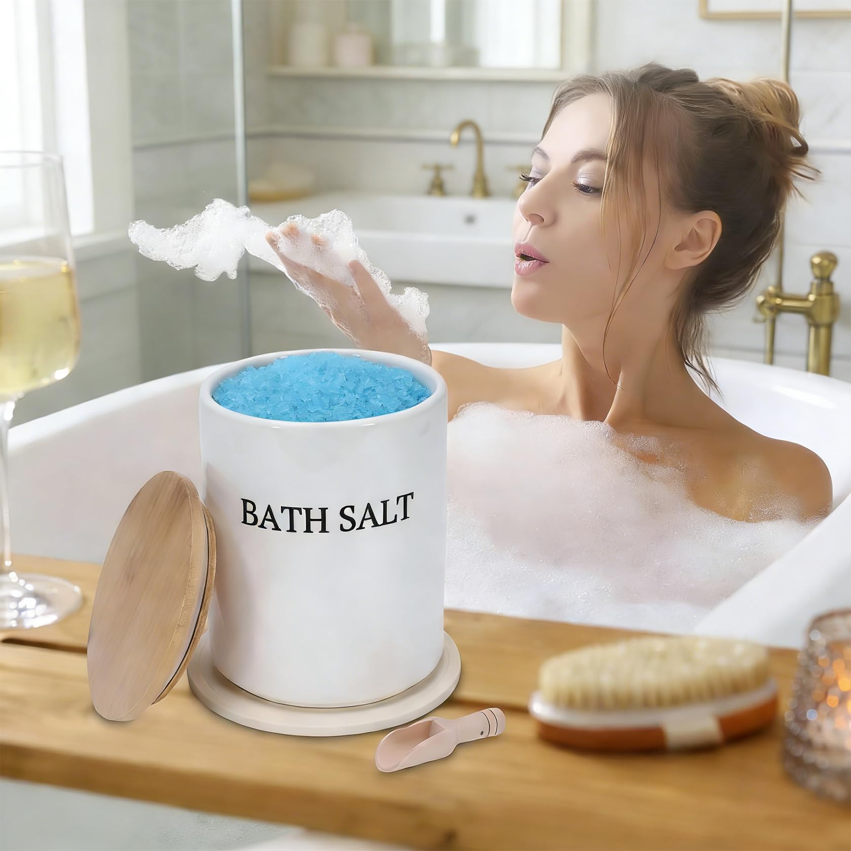 Barattolo in vetro con coperchio in bambù, ermetico per sali da bagno, Epsom sale e cosmetici, con cucchiaio e tappetino, decorazione da bagno per donne, bianco