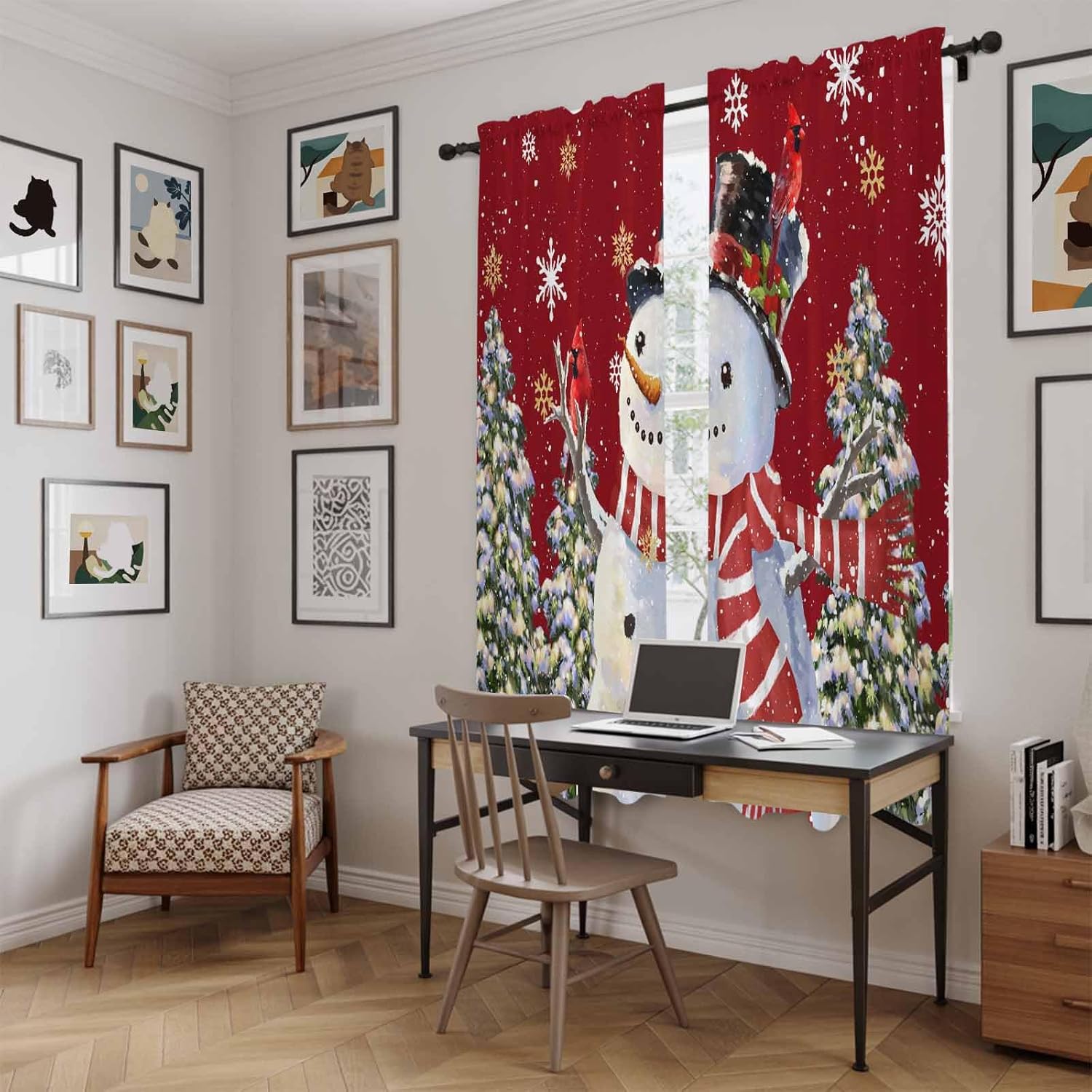 Red Snowman Window Curtains 72 Inch Long 2 Panel Set, Rod Pocket Long Curtains & Drapes, Christmas Tree Snowflake Winter Holiday Light Filtering Window Treatment for Bedroom Living Room 52"W x 72"L