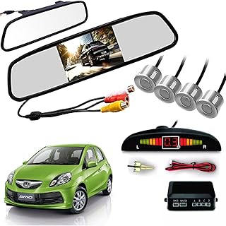 Auto Pearl 4.3 Inch TFT LCD Rearview Mirror Parking Video System with 16.5 MM for Reverse HD Camera, 4 Silver Parking Sensors Compatible with Brio