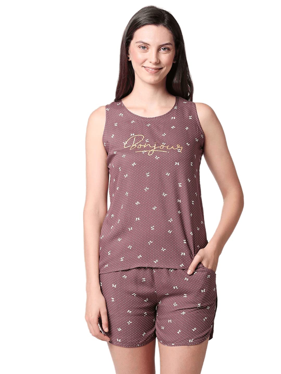 ZEYO Women's Rayon Bow & Dot Printed Stylish Night Suit Set of Top & Shorts 5428