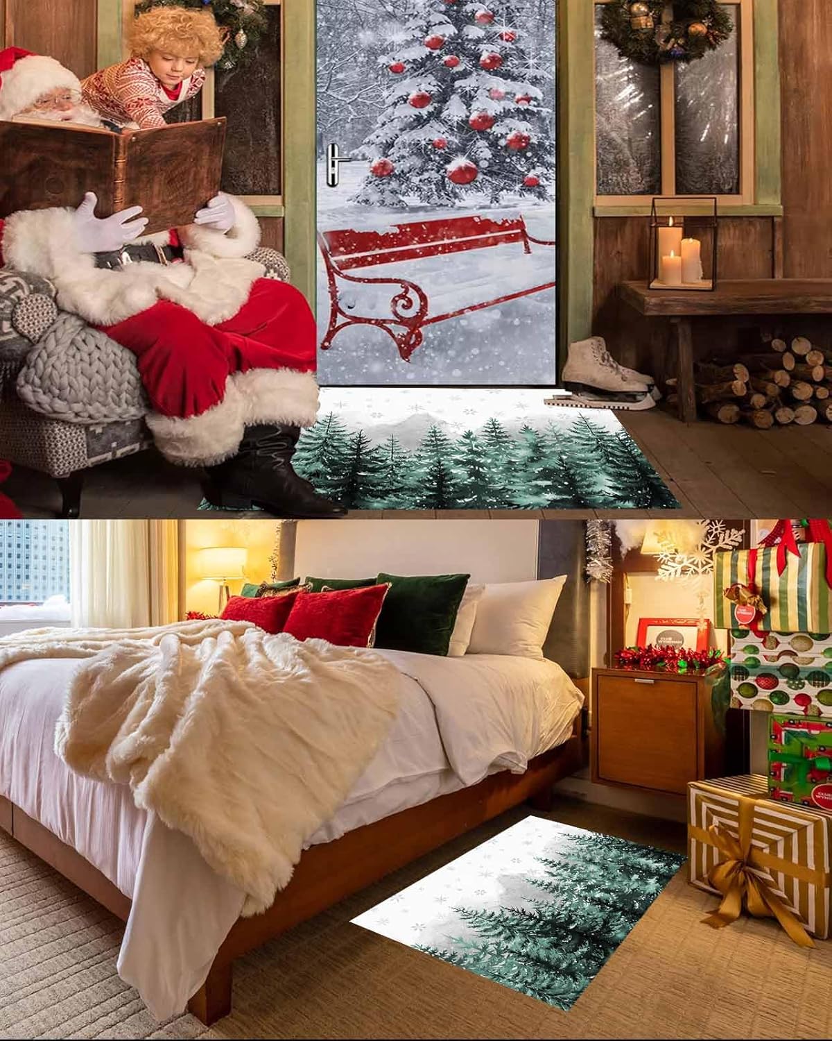 Christmas Entrance Floor Mat Pine Tree Forest Welcome Doormat Snowflake Snowy Winter Non Slip Entry Rugs for Bathroom Kitchen Home Front Decor 18x30inch