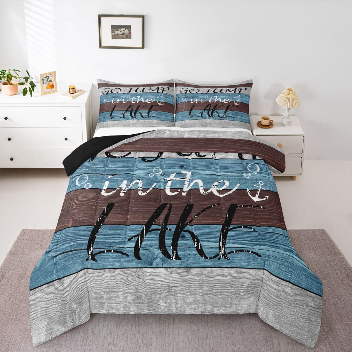 Lake House Bedding Comforter Sets, Lake Cabin Decor Comforter Set Lake House Decor For The Home, Rustic Farmhouse Duvet Sets Retro Wooden Blue and