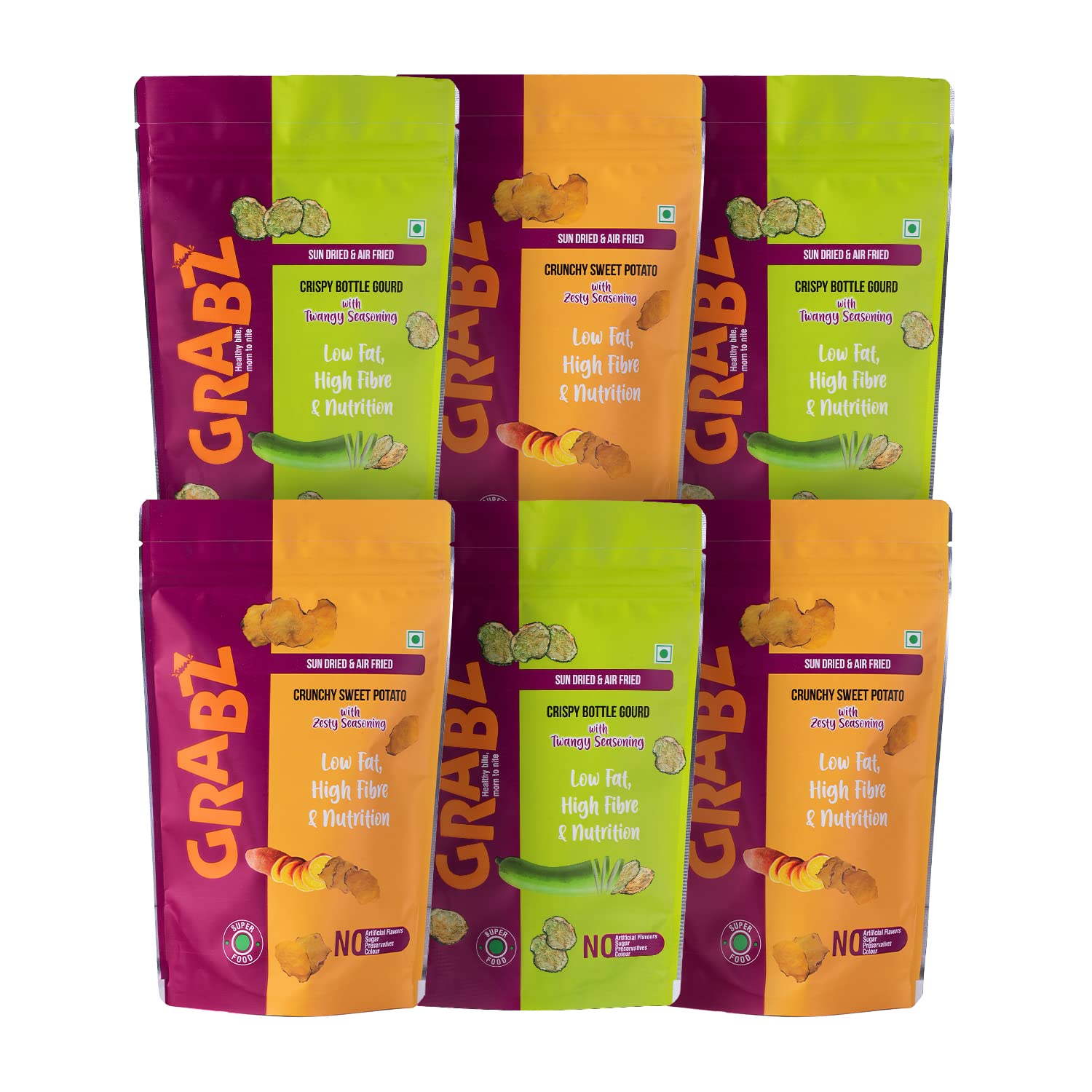 Grabz Crunchy Veggie Chips Combo Pack With Fresh Seasoning, (Air Fried, Crunchy Sweet Potato & Crispy Bottle Gourd Vegetable Chips, No Additives, Fiber Rich, Pack of 6 x 30 gms Each) (B0B9CJ5V6G) Amazon Price History, Amazon Price Tracker