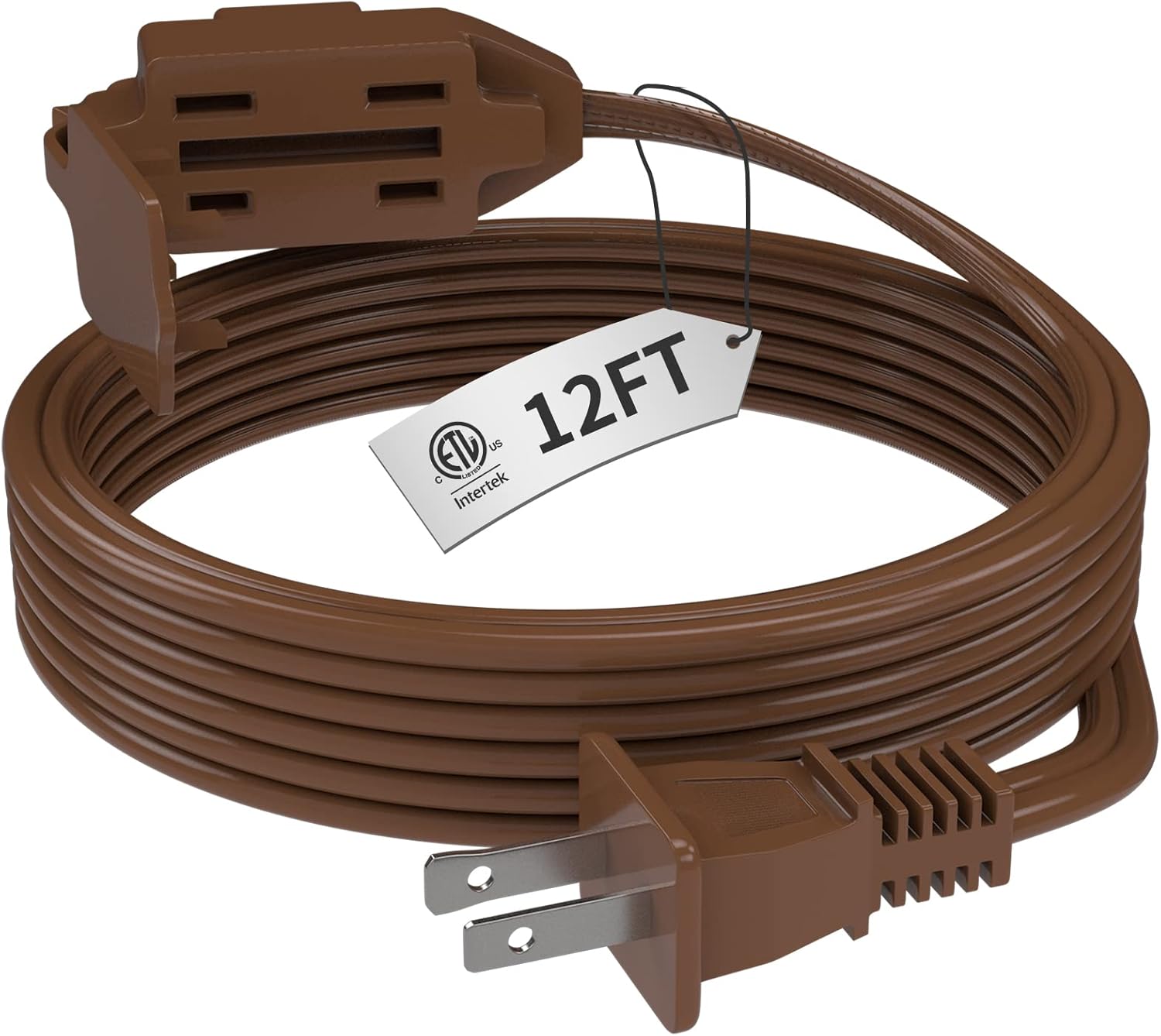 PLUGTUL Indoor Brown Extension Cord 12 Feet, 3Outlet