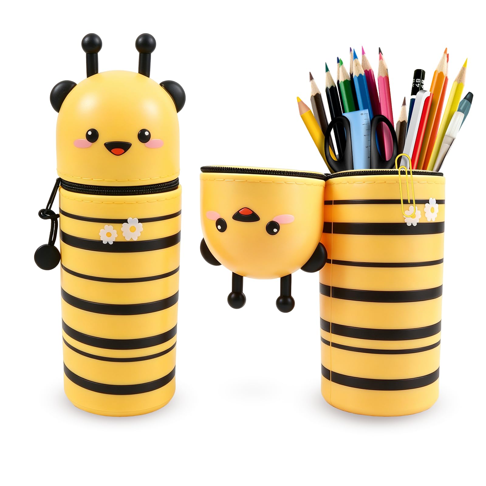 XIANJIA Pencil Case 2 in 1 Bee Kawaii Soft SiliconeTable Pen Holder with Zipper and Pendant for School Students Teens Girls Boys (H 19cm)