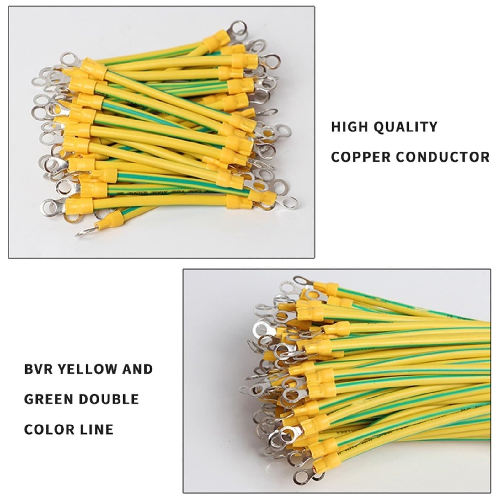 gewebte Erdungsstreifen, Zubehörverbinder Kupfer Erdungskabel für Solaranlagen, 100er Pack, gelb-grün, 10/12/14 AWG, Länge 10-50cm, Bohrung 5mm(12AWG,15cm)