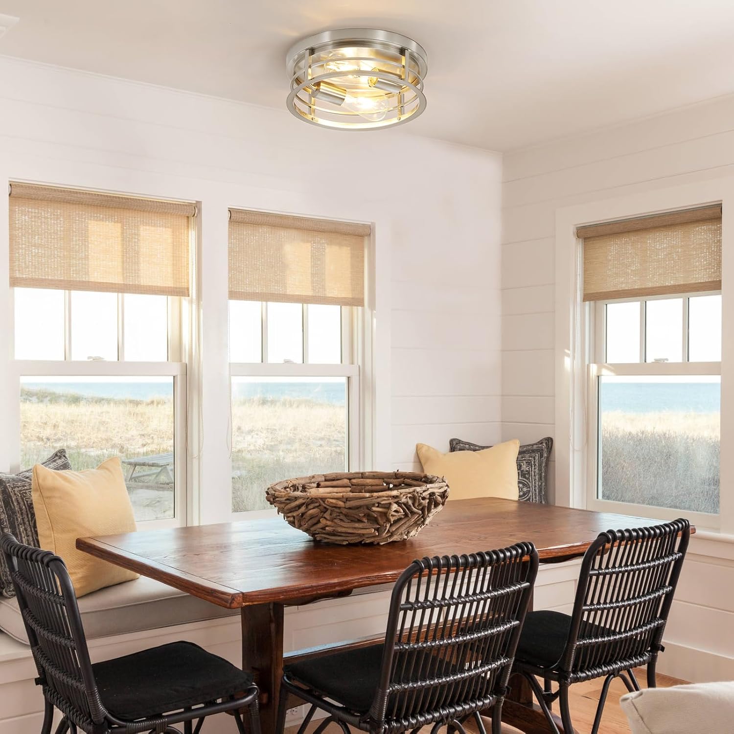 2-Light Round Flush Mount Ceiling Light, Farmhouse Brushed Nickel Metal Cage Close to Ceiling Light Fixture, 11inch E26 Base Semi Ceiling Mount Lamp, Modern Pendant Lighting for Porch 2 Pack