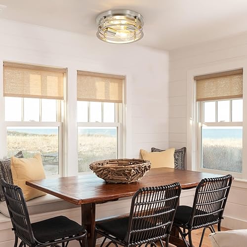 Miniatura 6 de Lámpara de techo redonda empotrada de 2 luces, jaula de metal de níquel cepillado de granja cerca del techo, lámpara de montaje semitecho de base