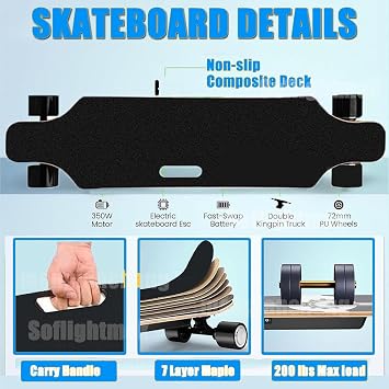 Black Electric Board - Range 5/9.3/13.7/30 km, Max Speed 20/25km/h, 350w Hub Motors, 4-Speed Remote Control, 90kg Capacity, Suspension Wheels And Carry Handle