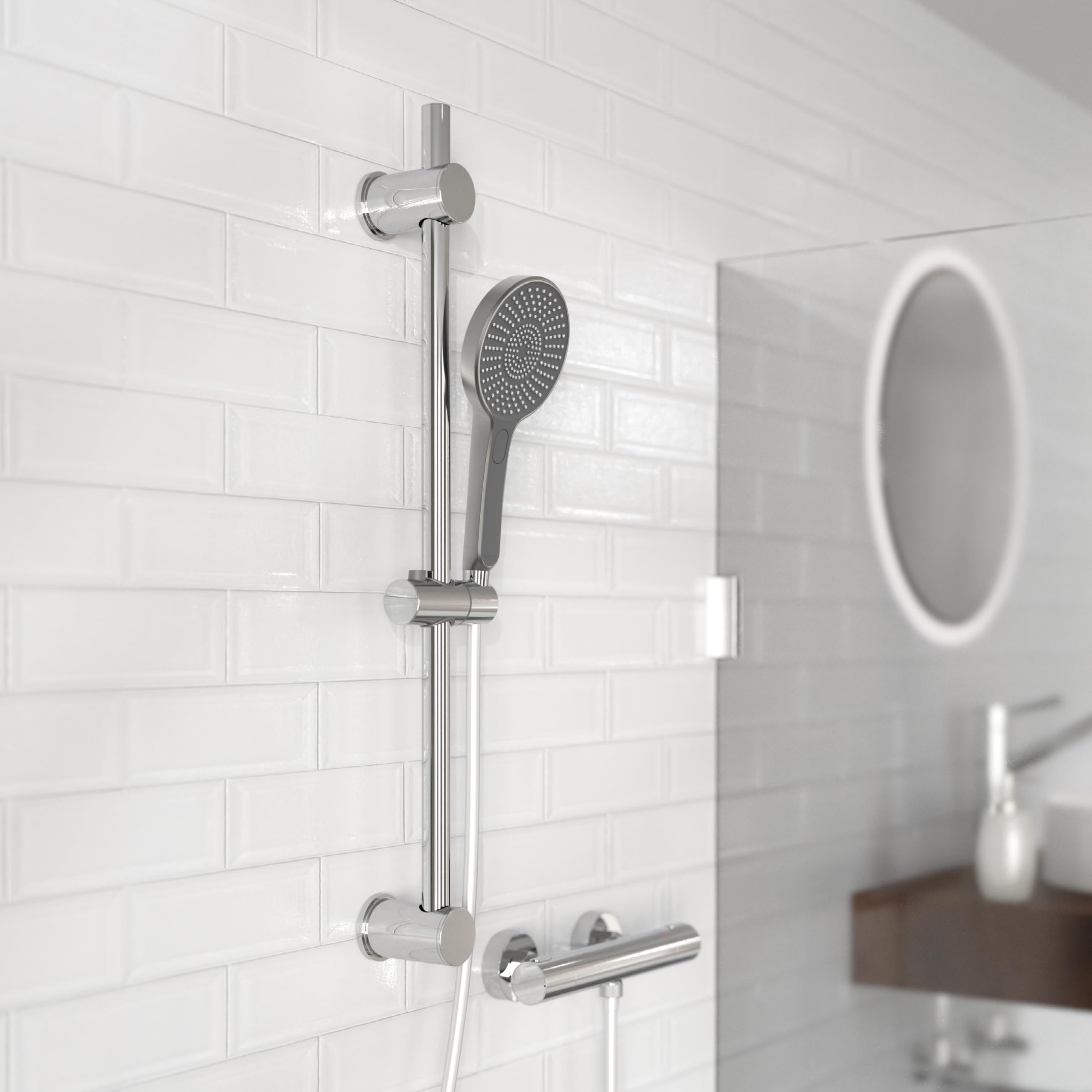 SCHÜTTE Alcachofa de ducha Karibic con puntos antical, cabezal de ducha con cómodo botón de presión y 3 tipos de chorro ajustables, cabezal antical para la ducha, grafito