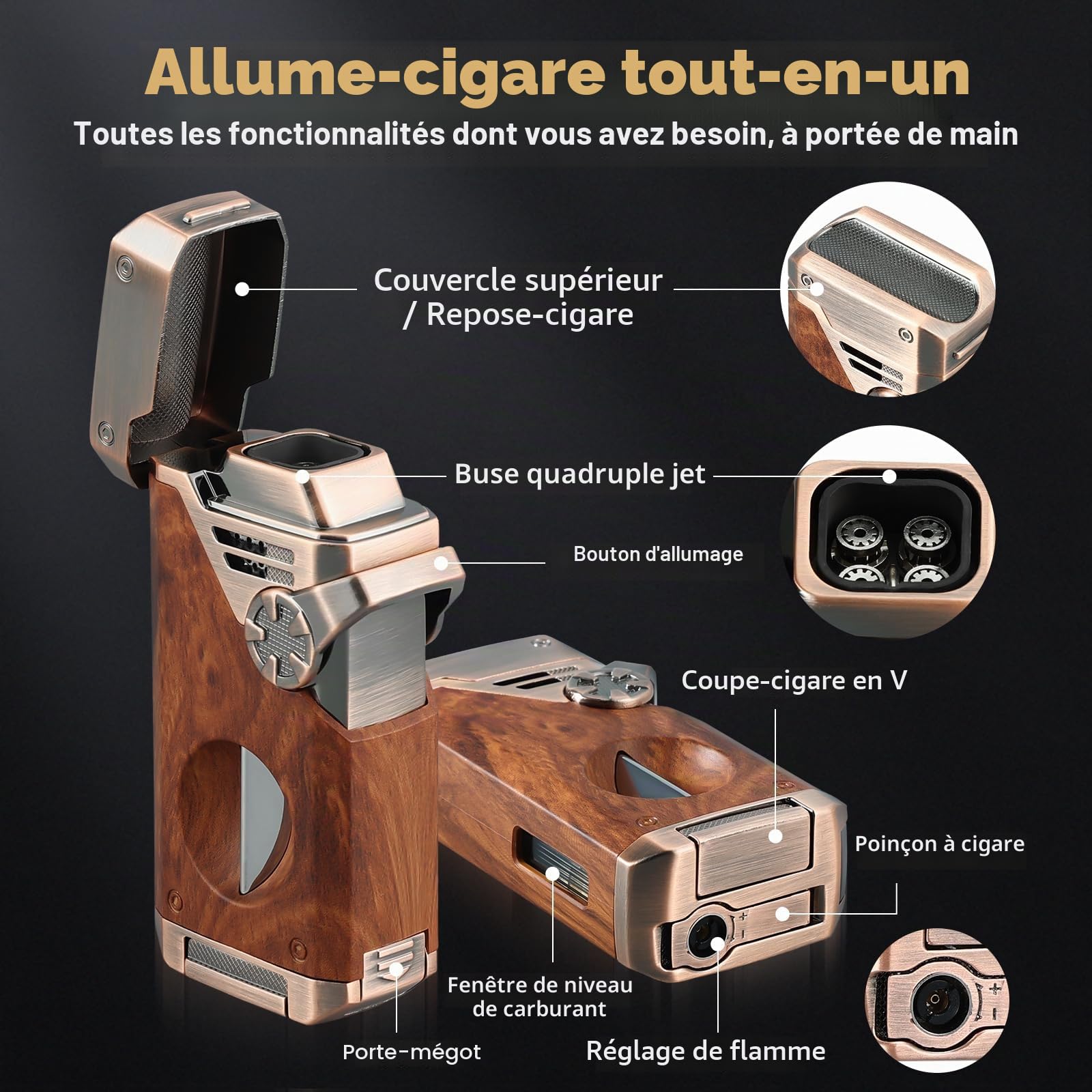 Joyoldelf Briquet torche à quatre flammes – Briquet jet butane rechargeable coupe-vent avec cutter, poinçon et fenêtre de carburant (sans butane) – Cadeau de qualité supérieure pour homme, fumage en