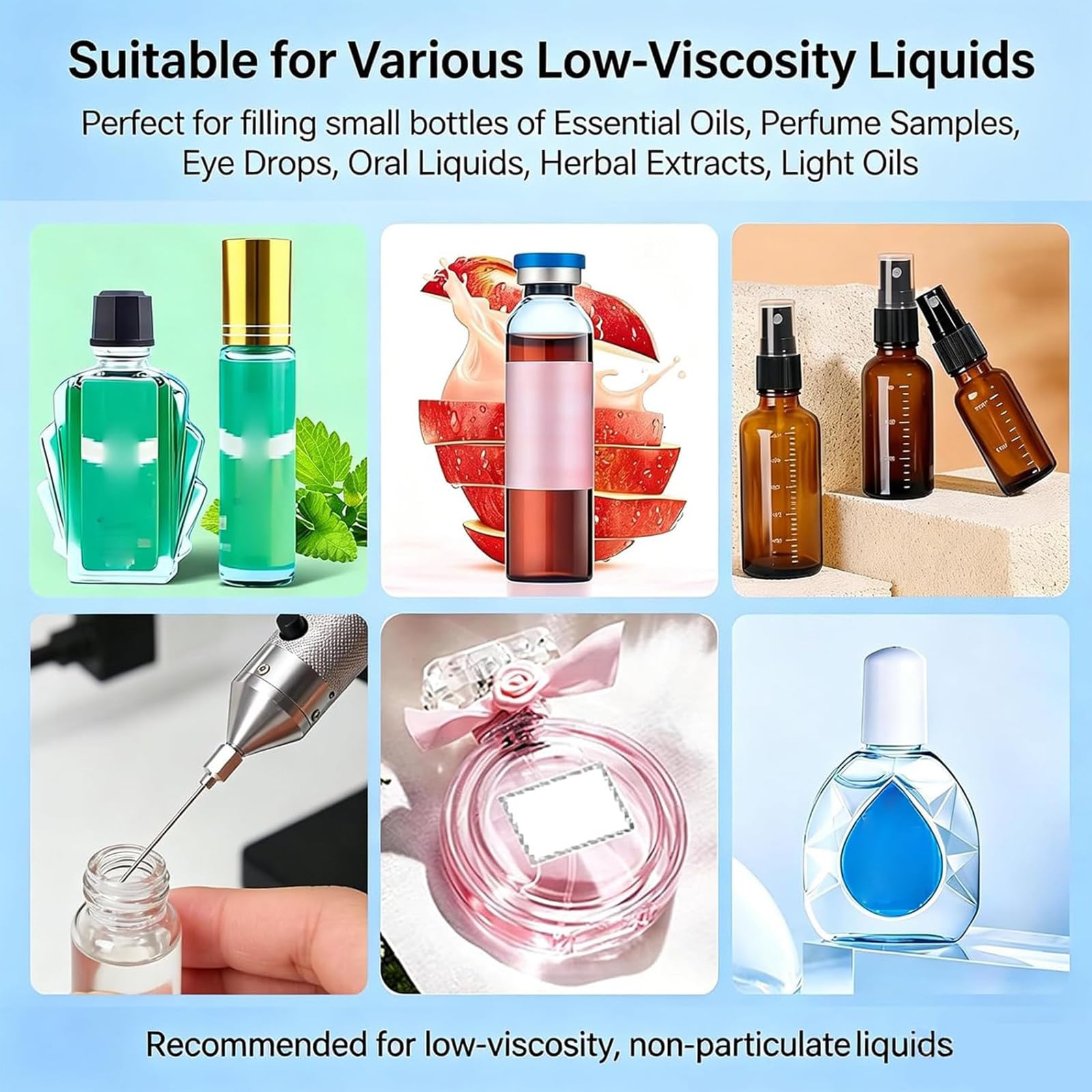 Automatyczna maszyna do napełniania małych butelek płynami, z panelem LCD i dyszą igłową; dozowanie w zakresie 1–100 ml, do olejków eterycznych, perfum i kropli do oczu. HD1380