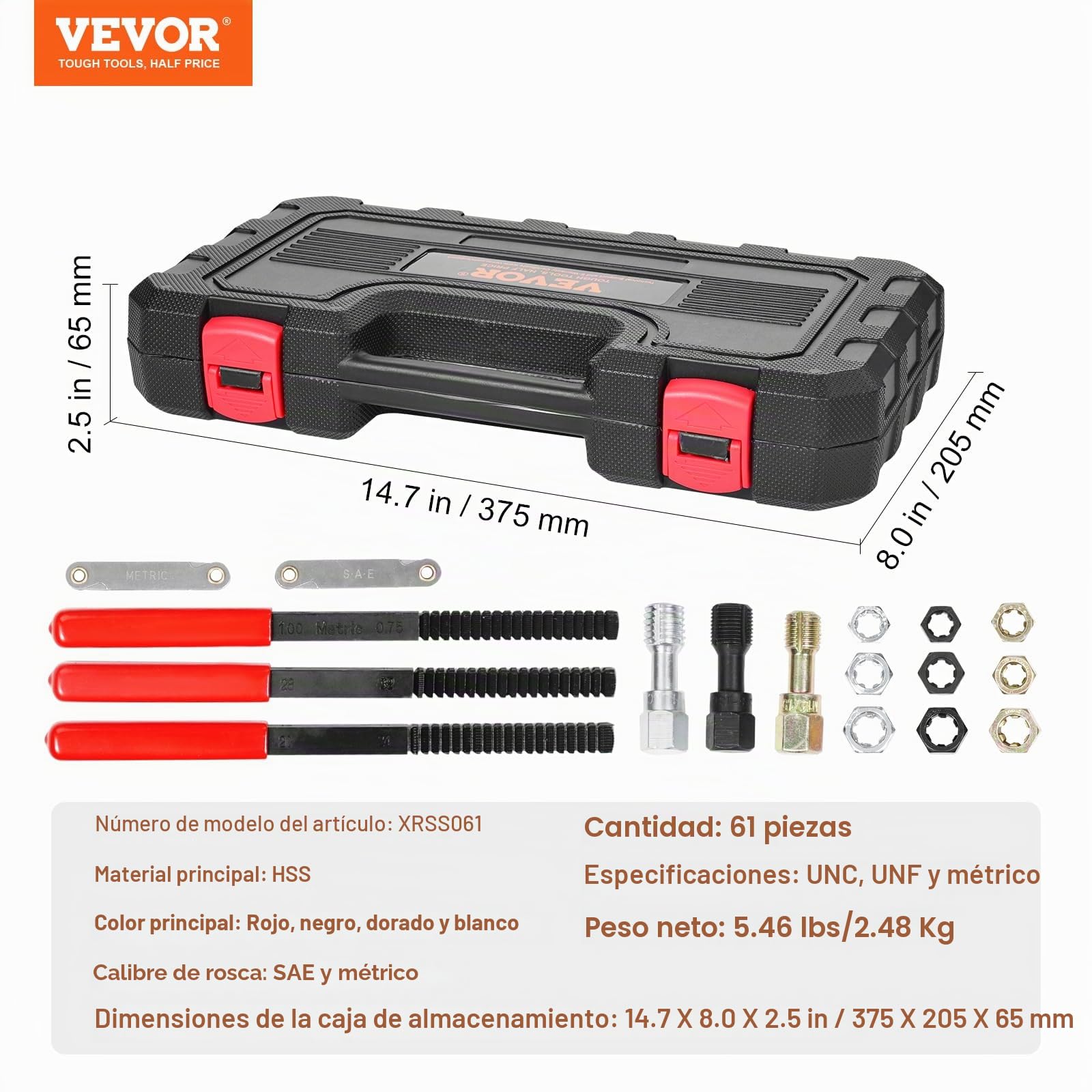 VEVOR Kit de Reparación de Roscas Métricas UNC y UNF 61 Piezas Restaurador de Roscas Métricas con 28 Machos de Roscar, 28 Terrajas, 3 Limas de Rosca Acero Tratado Térmicamente para Mecánicos