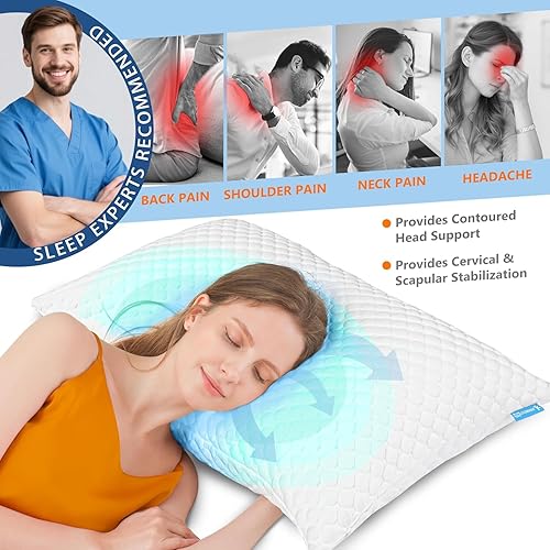 Cooling Pillows Queen Size Set of 2, Memory Foam Pillows with Zipper, Firm Bed Pillows Adjustable for Hot Side Back Stomach Sleepers(White,King(Pack of 1))