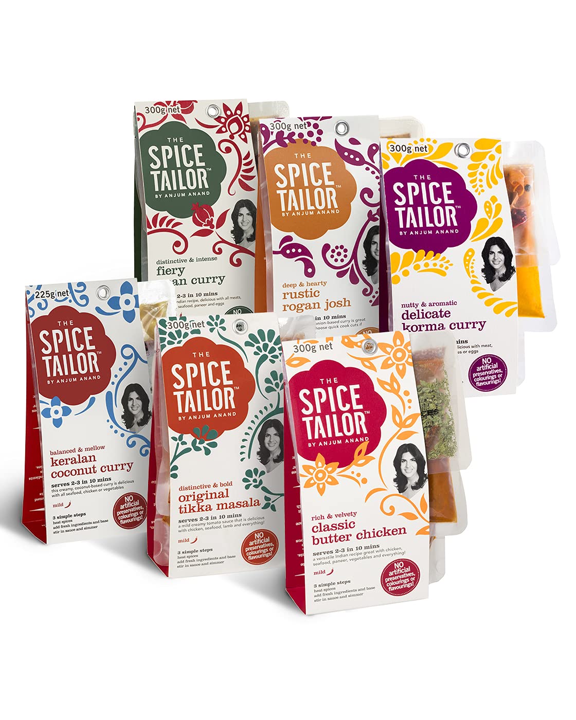 The Spice Tailor - Indyjski zestaw sosów do gotowania curry, 6-pak mieszany wybór - masło kurczak, ognisty goan, tikka masala i keralan kokosowe curry