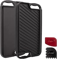 Vista 6 de Cuisinel Parrilla de hierro fundido + prensa de hamburguesa + raspadores de sartén, sartén plana reversible de 20 x 10 pulgadas de doble mango +