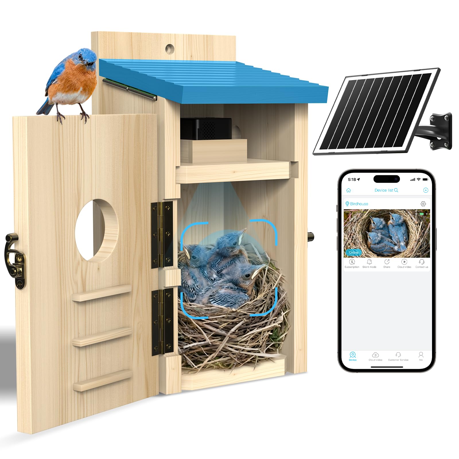 Bird House with Camera Solar Powered, Wi-Fi,Motion Detection & Night Vision,Pine Wood Birdhouse with Camera Inside,Ideal for Backyard & Nature Lovers(Light Blue)