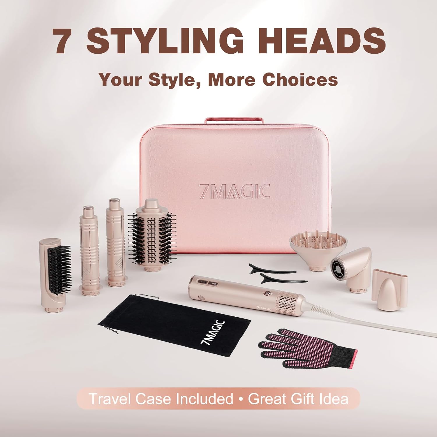 7MAGIC 7 in 1 Hair Styler & Hair Dryer Brush, Negative Ionic Hot Air Styler, 120 Volts, 1400W Powerful Blow Dryer Brush & Multi-Style for Straight, Wavy, Curly, and Coily Hair, Travel Case, Pink - Image 9