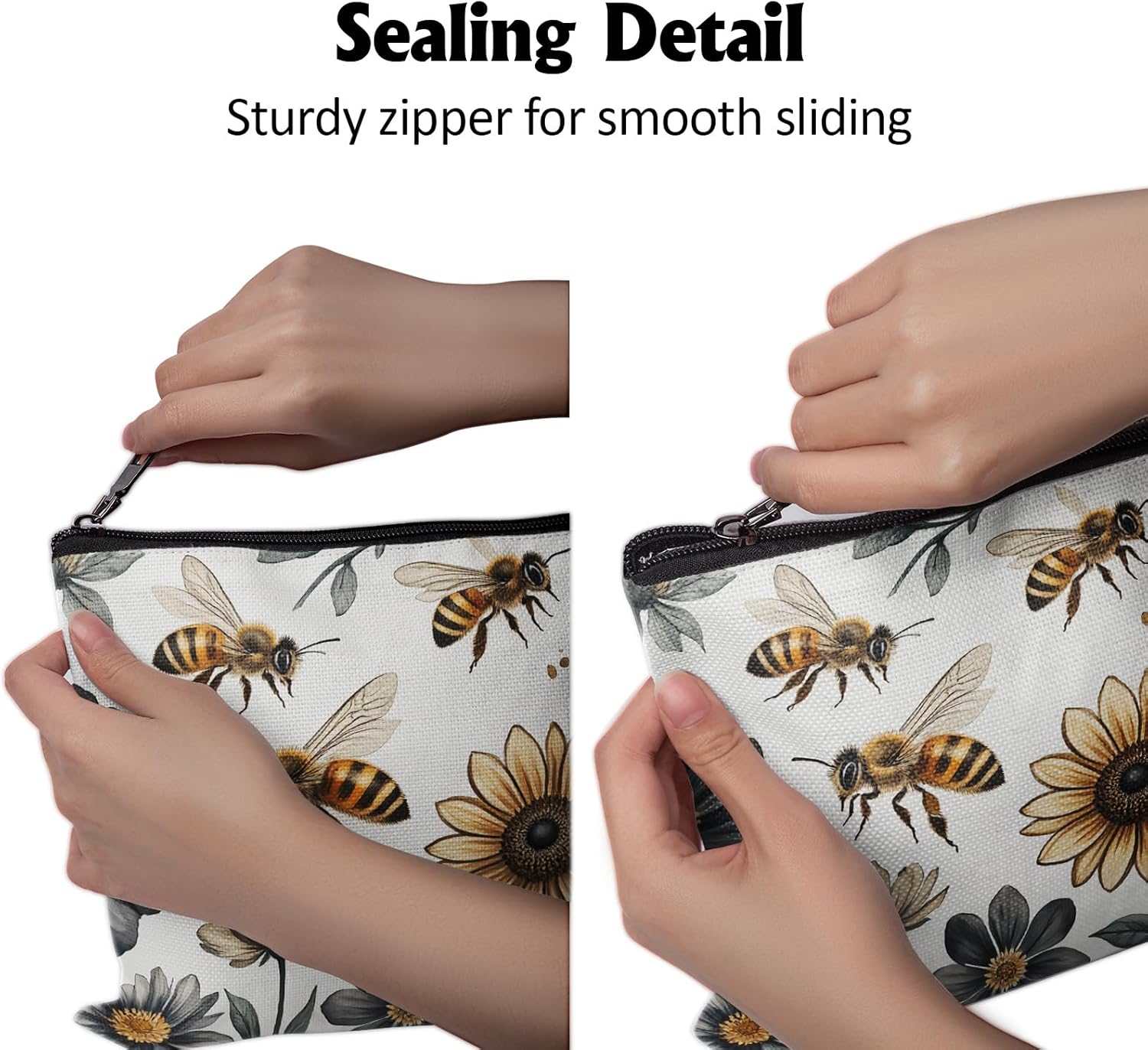 Cafl Bumblebees & Sunflowers Makeup Bag Bee Cosmetic Bag for Women Large Capacity Make Up Bag Portable Travel Toiletry Pouch Organizer 10 * 8inch - Image 6