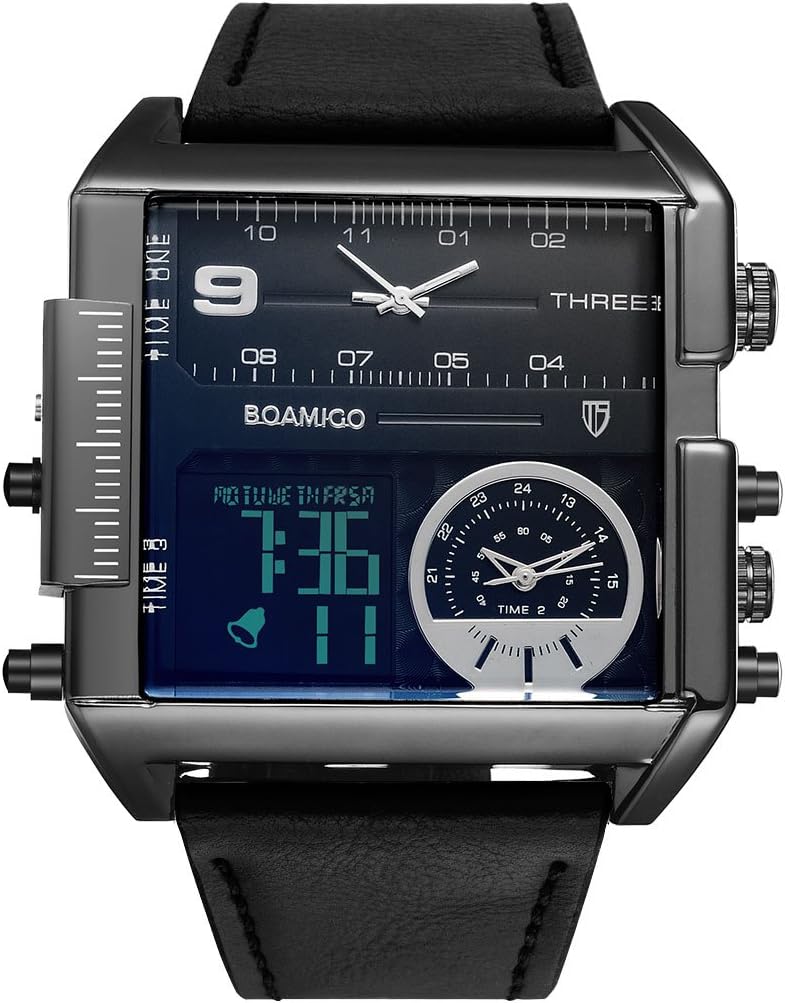Brand Men Watches Big Square 3 Time Zone Analogue Digital Leather Wristwatches Sport Fashion Style (Black)