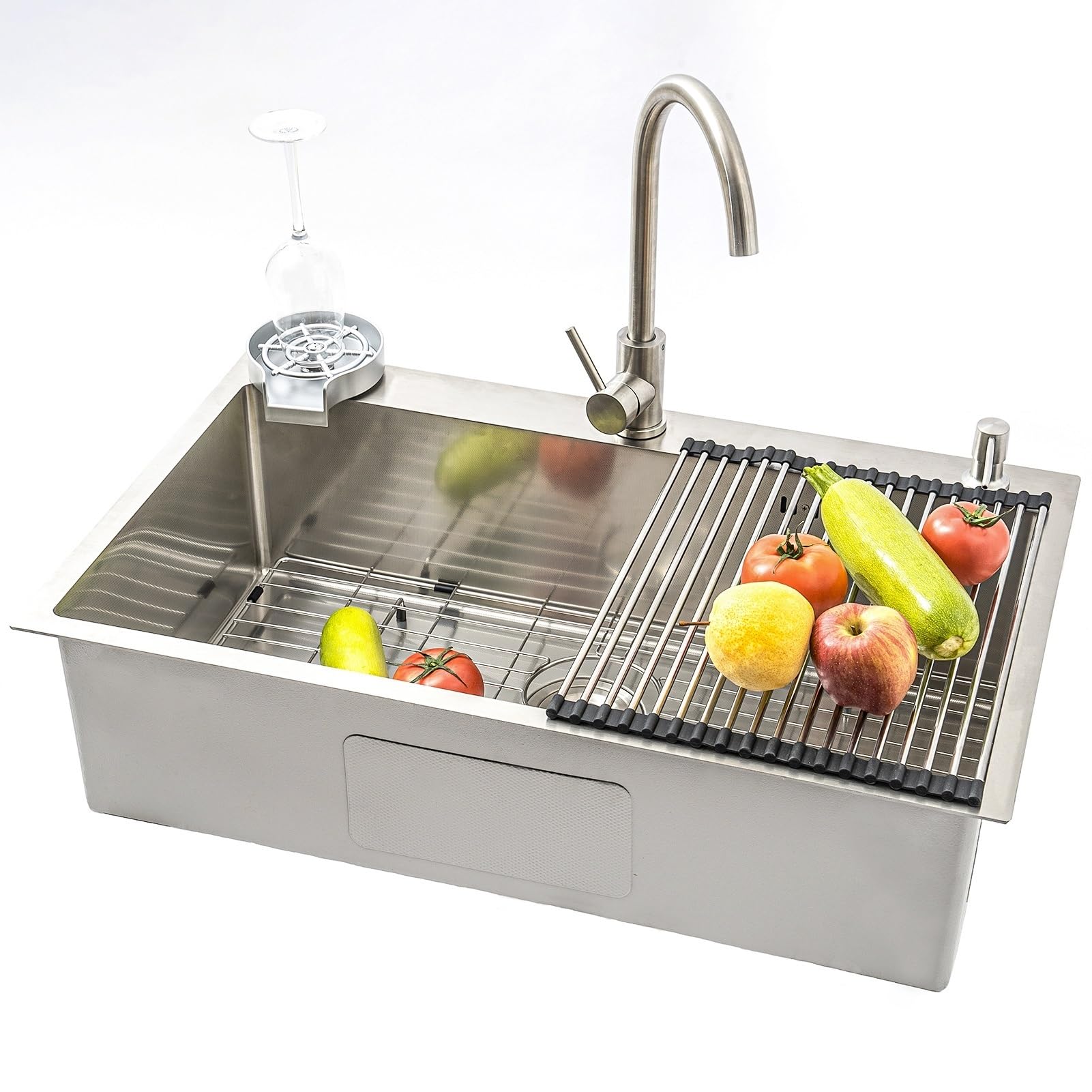 ZQFHSX Large Silver Sink, Drop-in 1 Bowl Stainless Steel Kitchen Sinks, Farmhouse Butler's Workstation Basin with Drainer, Drainage Kit, Easy to Clean(SilverB,80x50cm)