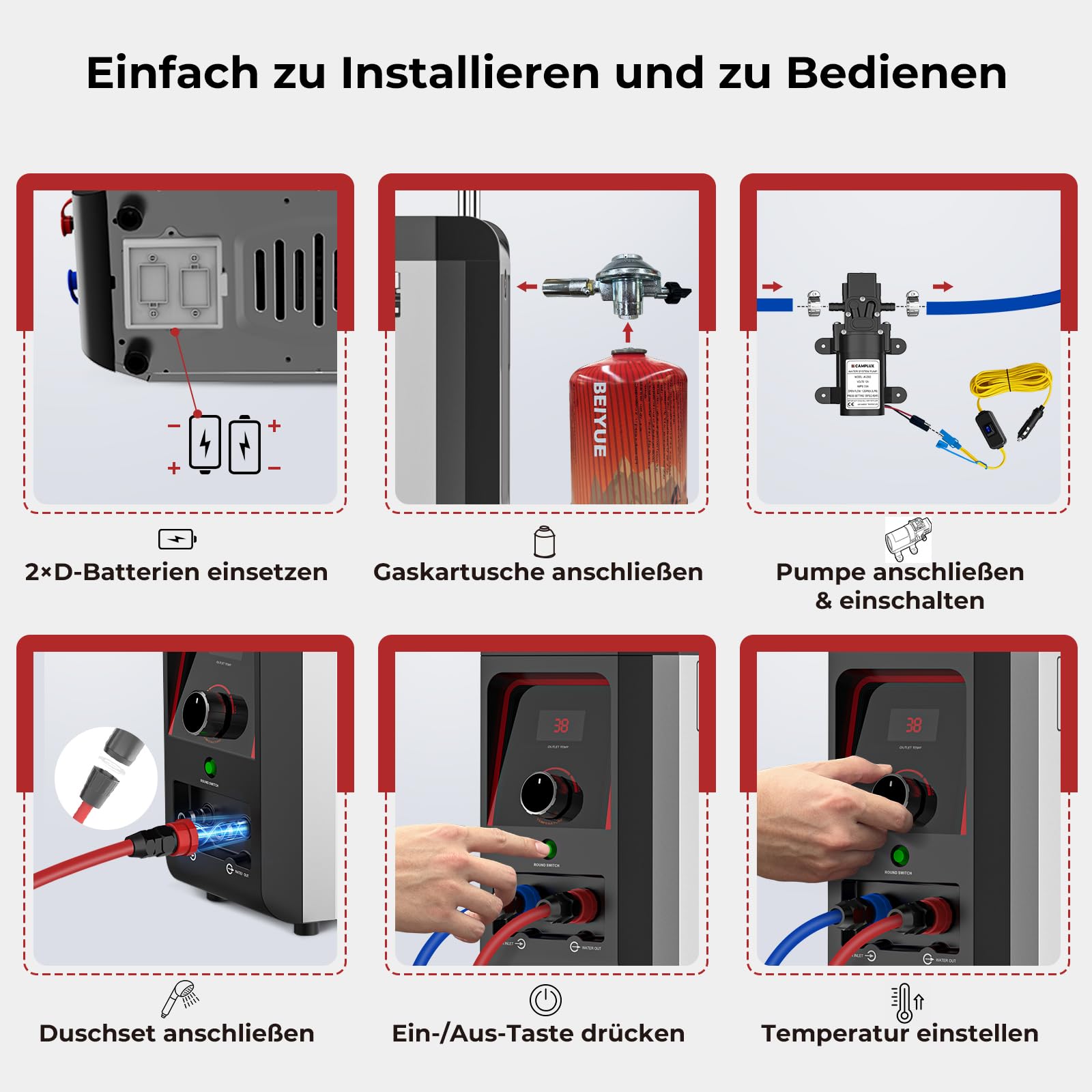 CAMPLUX Nano Gasdurchlauferhitzer mit Wasserpumpe, 3 L/min, Mobile Heißwasserquelle für Wohnmobil, Outdoor & Camping, Nano 3