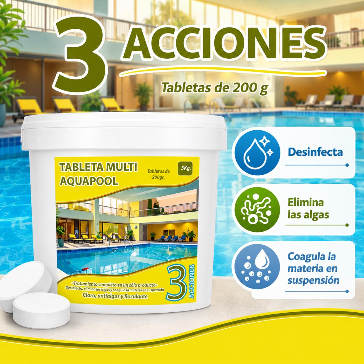 Pastillas de Cloro multifunción 200 Gramos 3 acciones 5 KG - Apto para Liner no Contiene Cobre