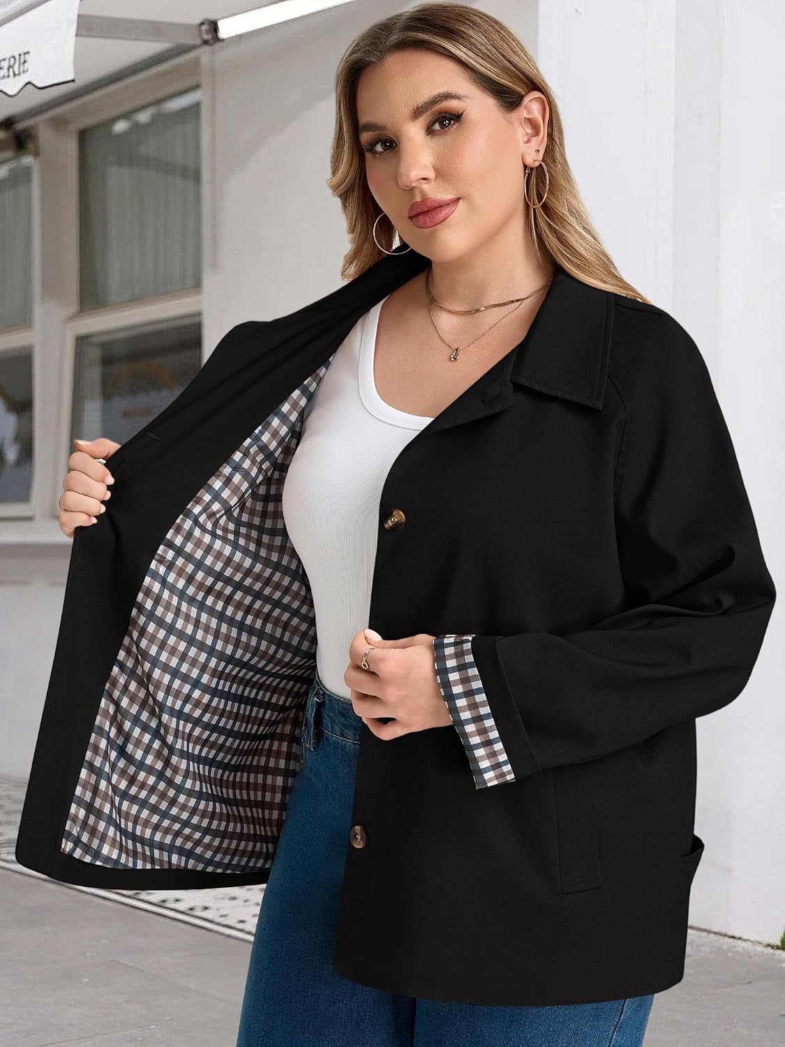HDLTE Women's Plus Size Cropped Trench Coat, Lightweight Plaid-Lined Jacket image 3