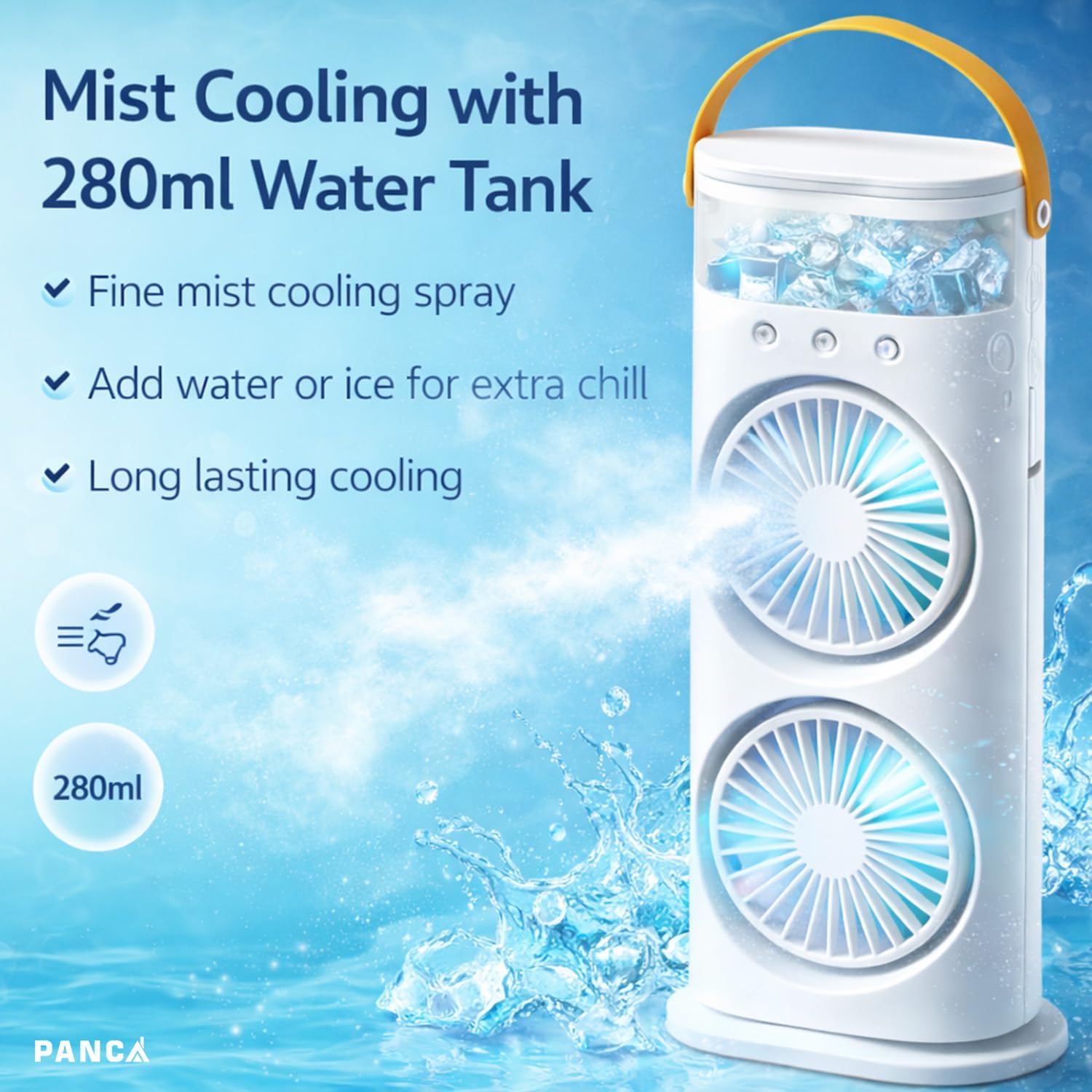 PANCA Portable Double Head Spray Fan with Misting | USB Rechargeable Mini Air Cooler with LED Light | 3 Speed Cooling Fan with 280ml Water Tank, Touch & Remote Control for Home, Office, Car 4