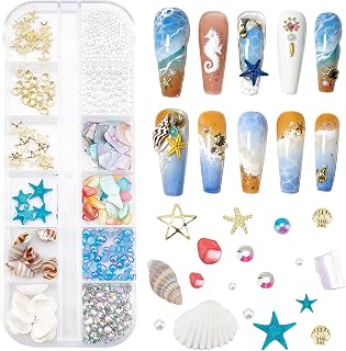 NICENEEDED Ocean Themed Nail Decorations Kit, Irregular Abalone Shell Slices Conch Starfish Nail Art Charms, Colorful Seashell Fragments Caviar Beads Nail Studs Supplies for Nail Design(Style 6)