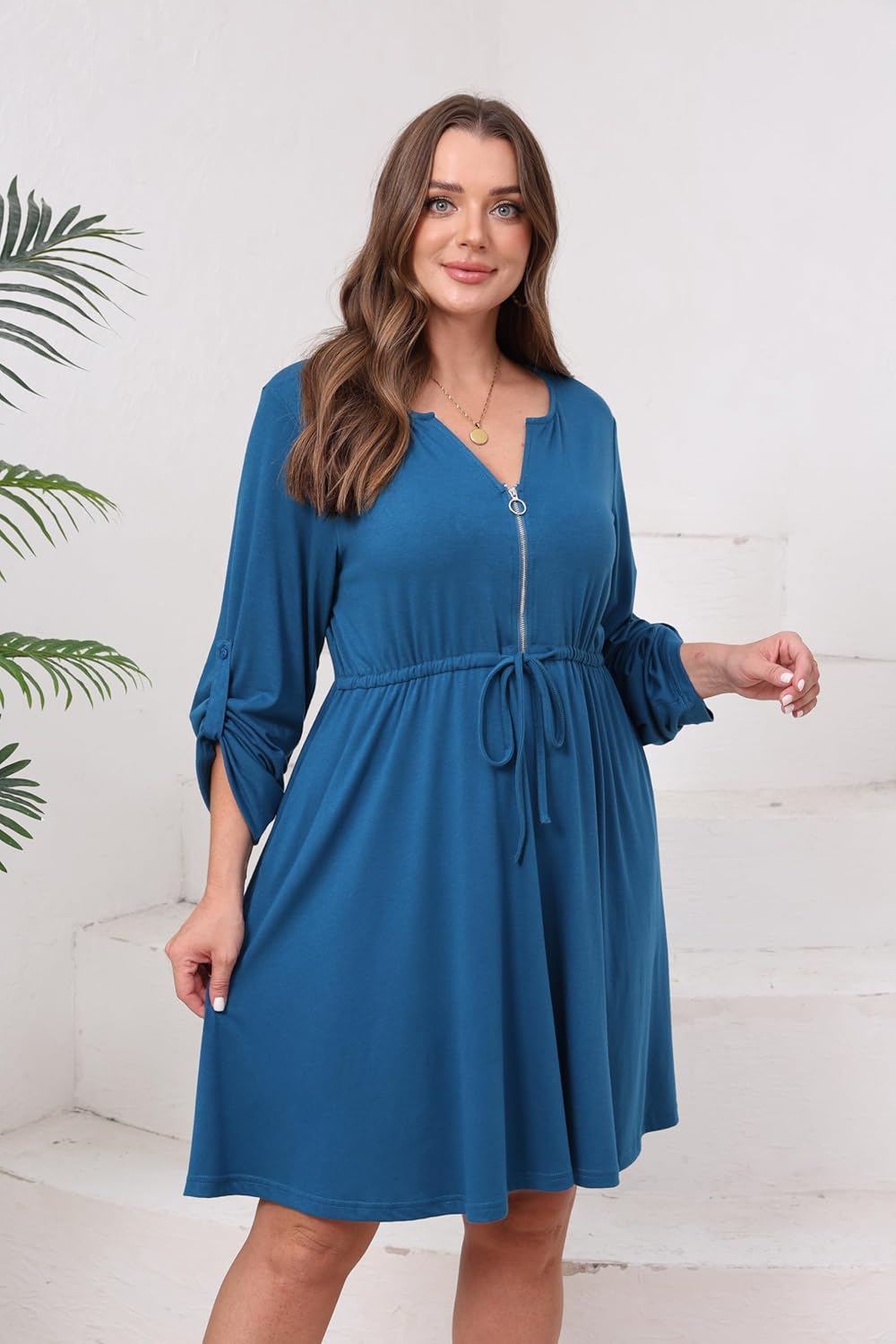 Womens Plus Size Dress Casual Roll up 3/4 Sleeves Zipper V Neck Tie Waist Flowy Loose Dresses with 2 Pockets - Image 6