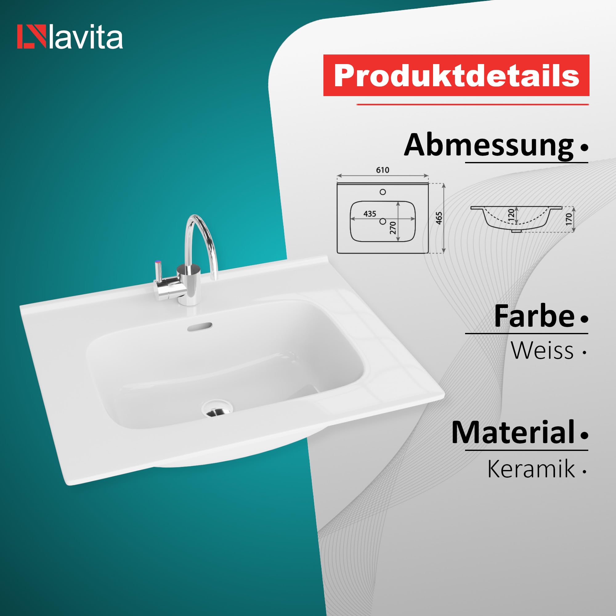 LAVITA Lavabo para muebles Minnesota 600 | Lavabo para muebles | Lavabo con rebosadero y orificio para grifo | de porcelana de alta calidad | lavabo | 61 x 46,5 x 17 cm | blanco brillante