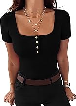 Gyabnw Women's Short Sleeve T-Shirt Ribbed Slim Fit Basic Tops Square Neckline Tee Shirts Summer Casual Tunic Top for Ladies
