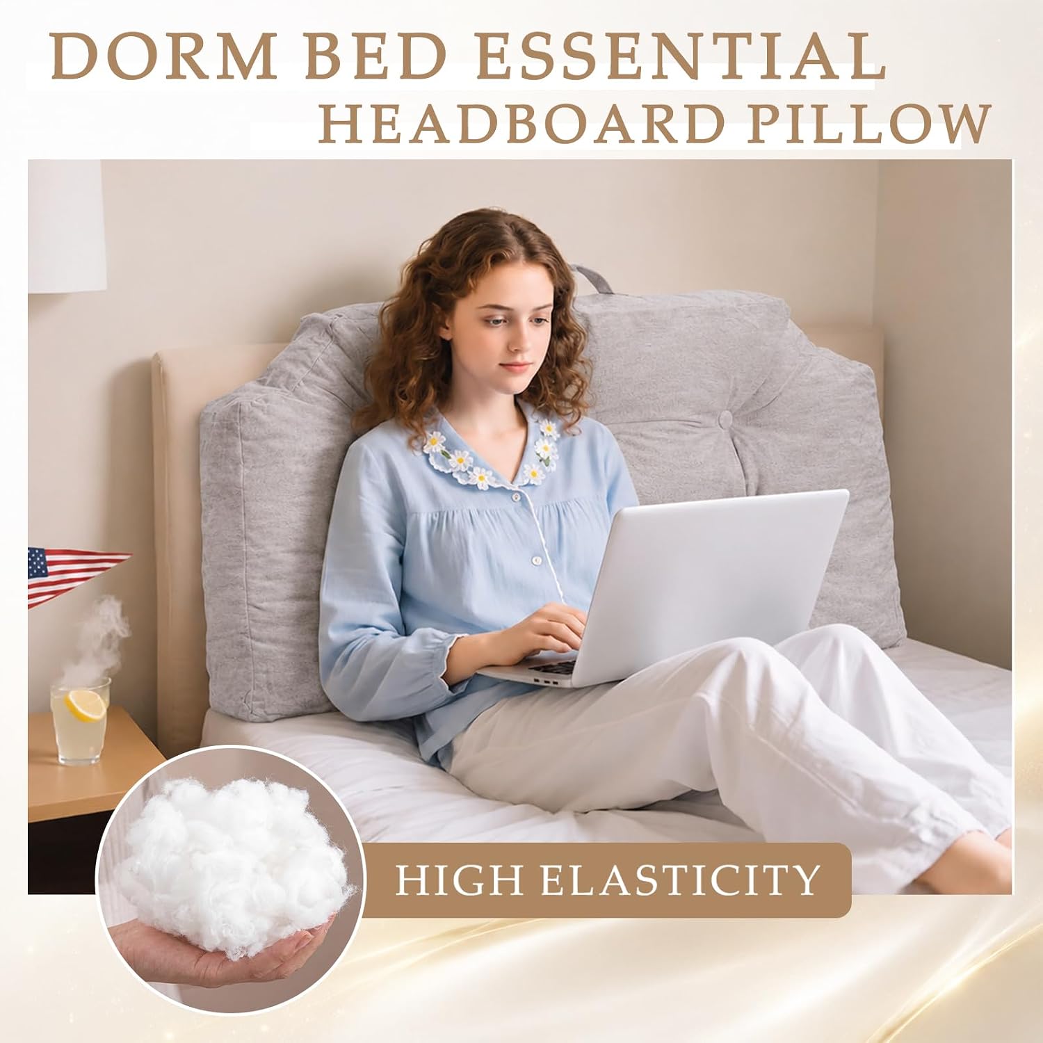 Cinnvoice Portable Headboard Pillow with Handle Twin/Twin XL Dorm Headboard Bed Pillows Removable Chenille for Dorm Room Supplies Housewarming Gift(Light Gray)
