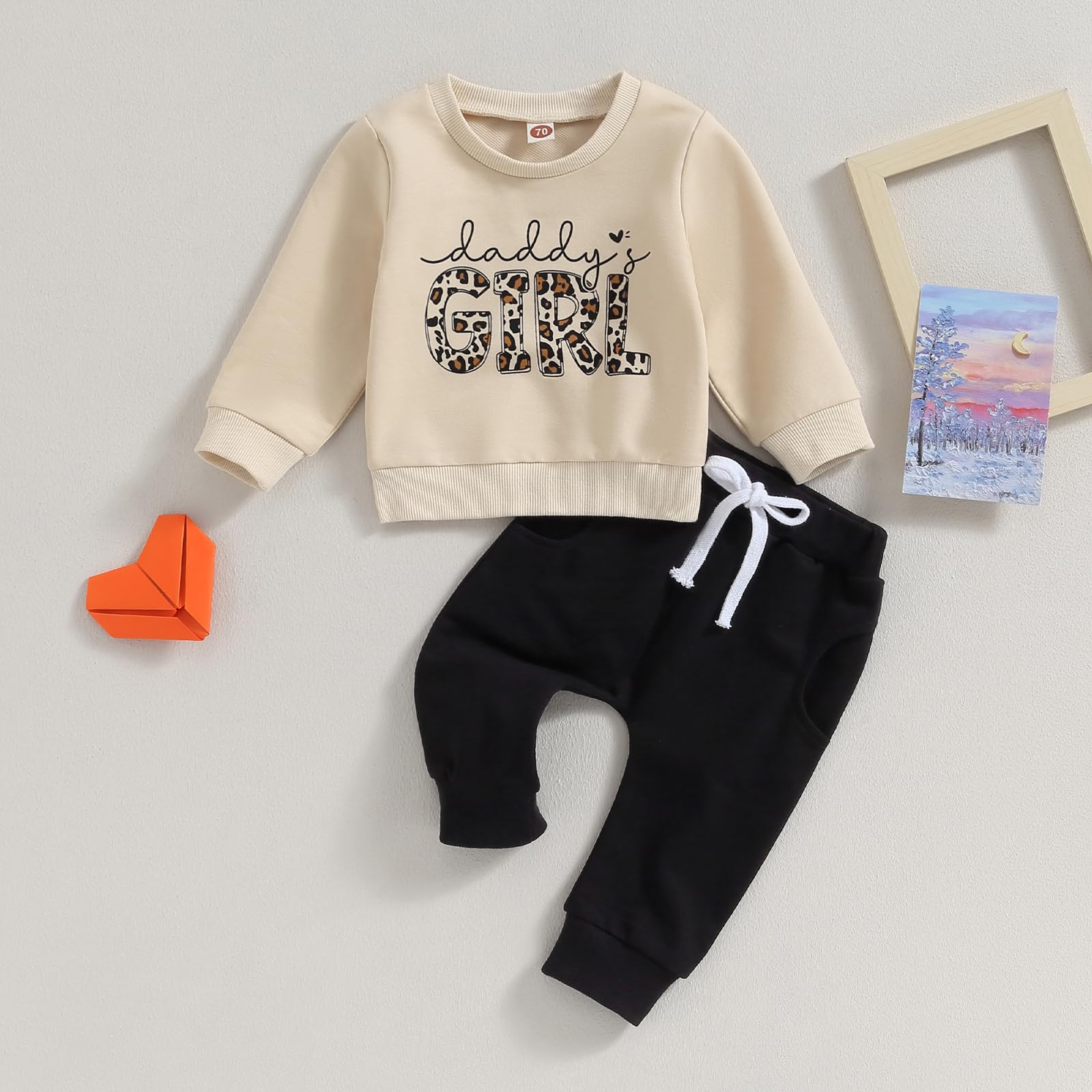 Toddler Baby Girl Outfits Newborn Infat Fall Winter Clothes Leopard Letter Sweatshirt Tops Jogger Sweatpants Sets (Apricot Girl, 12-18 Months)