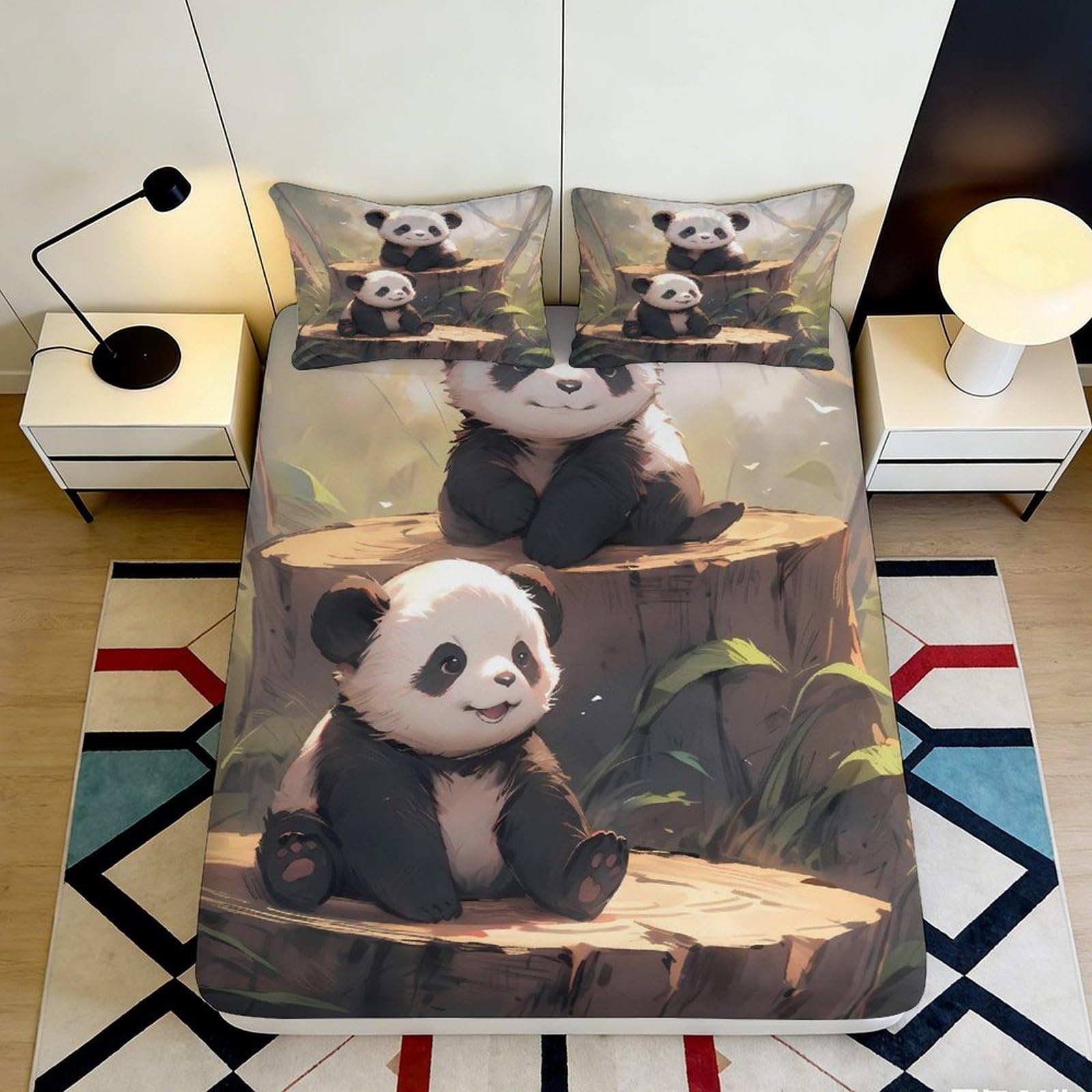 3D Printed Cute Panda Forest Fitted Sheet Microfiber Soft Anti-Slip Cartoon Bamboo Mattress Cover Bedroom Decor 180x200x25cm